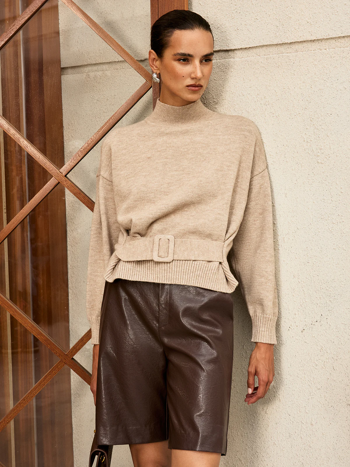 Wool Blend Mock Neck Belted Sweater - Wholesalesil