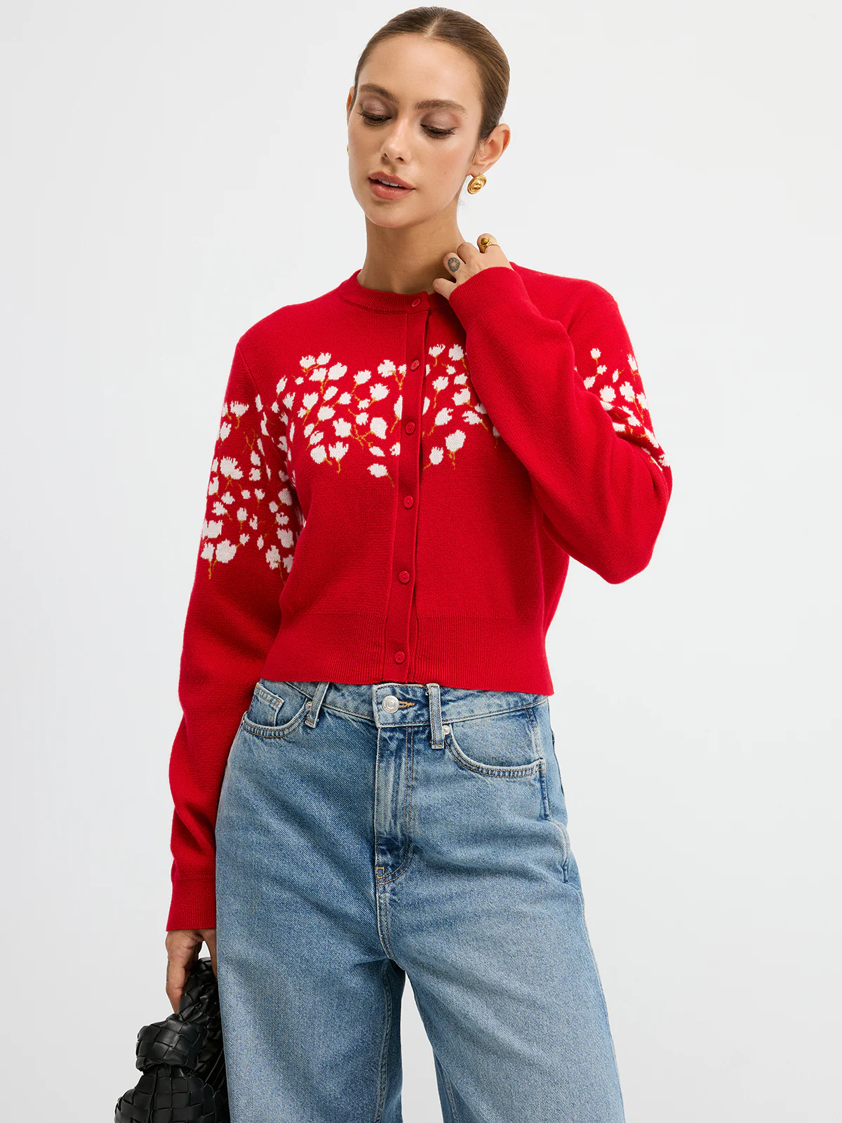 Floral-Patterned Wool Blend Cardigan - Wholesalesil