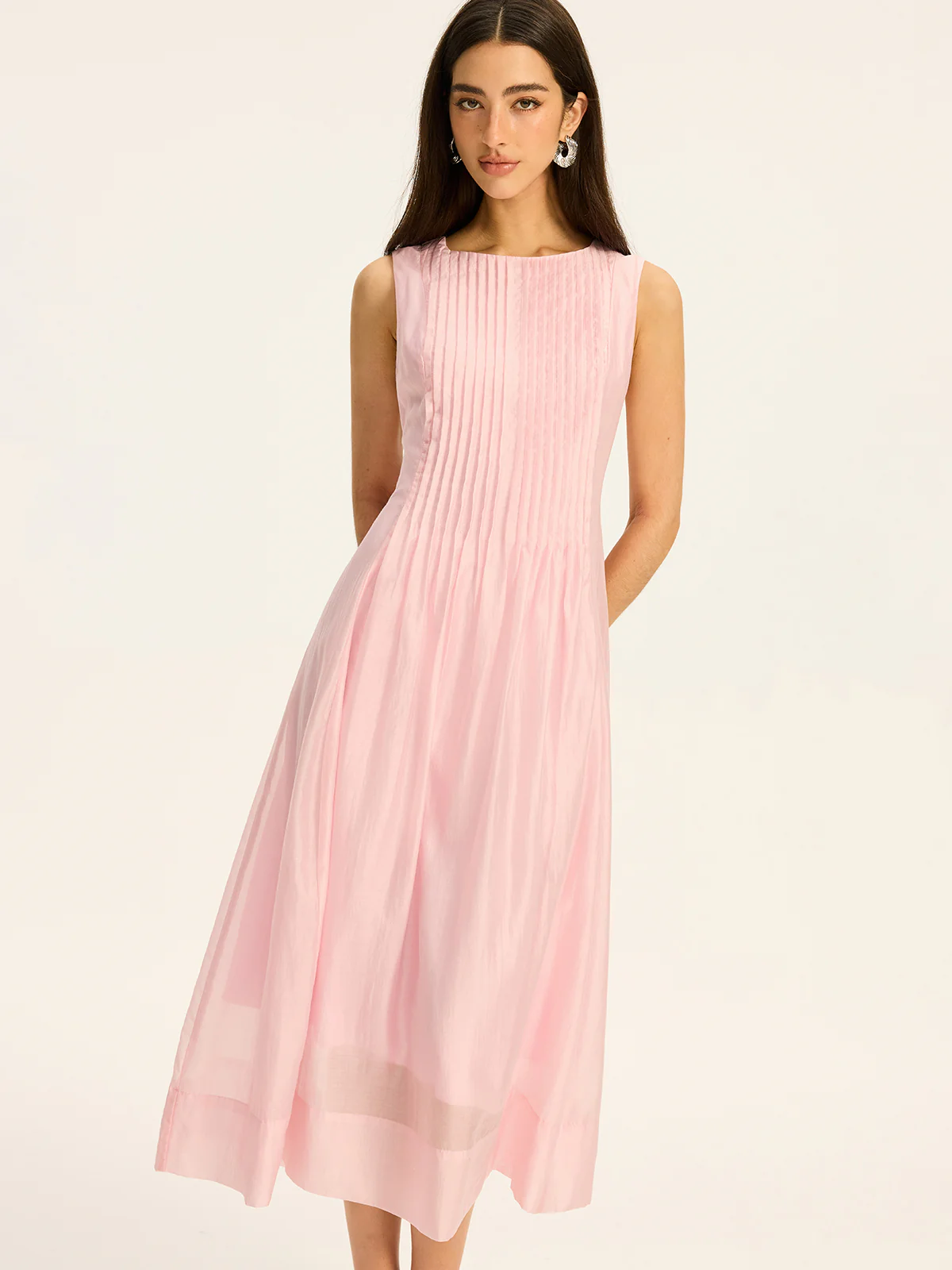 Semi-Sheer Tencel Pleated Sleeveless Midi Dress - Wholesalesil