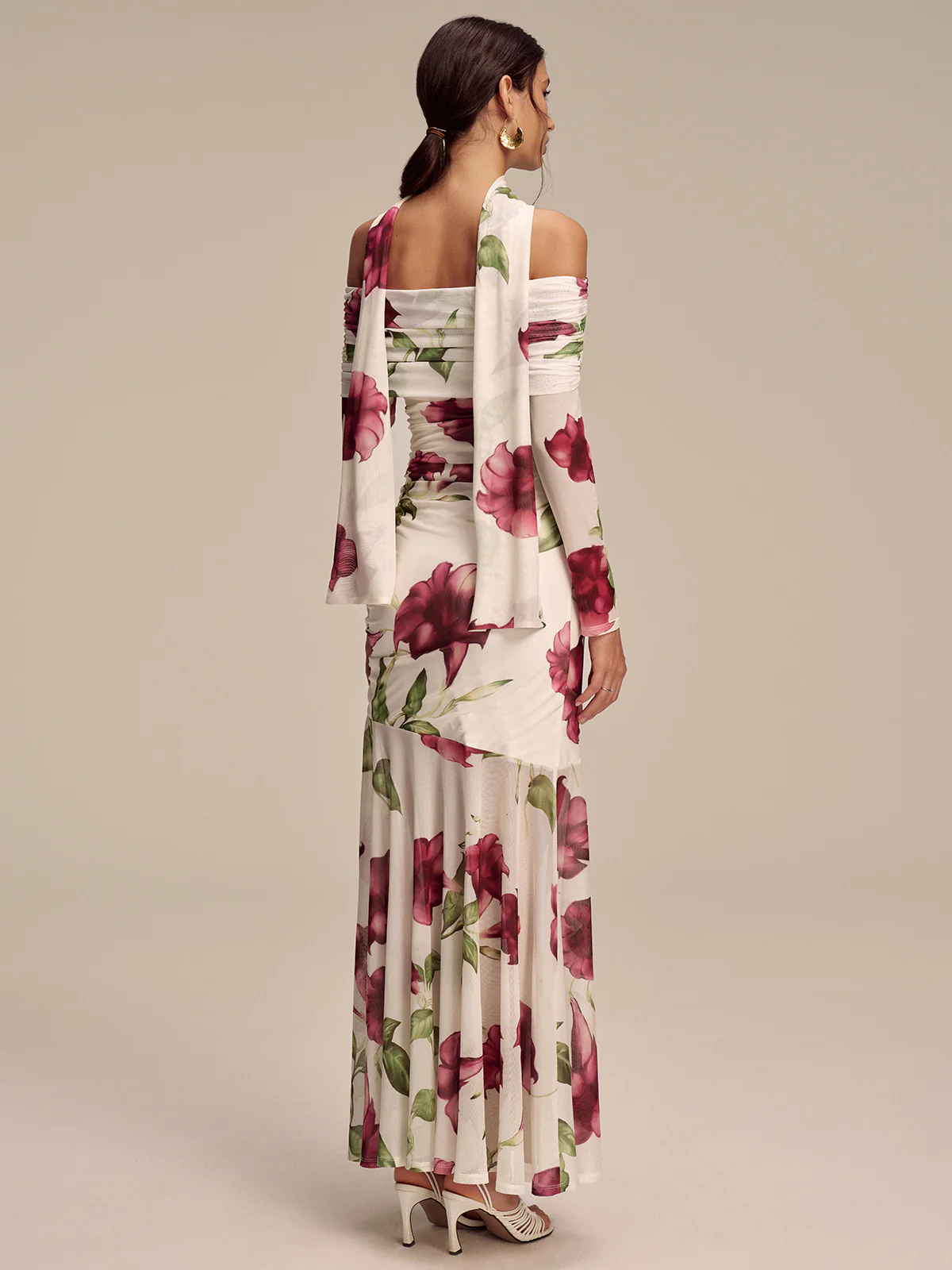 Floral Print Off-Shoulder Mesh Maxi Dress with Scarf Detail - Wholesalesil