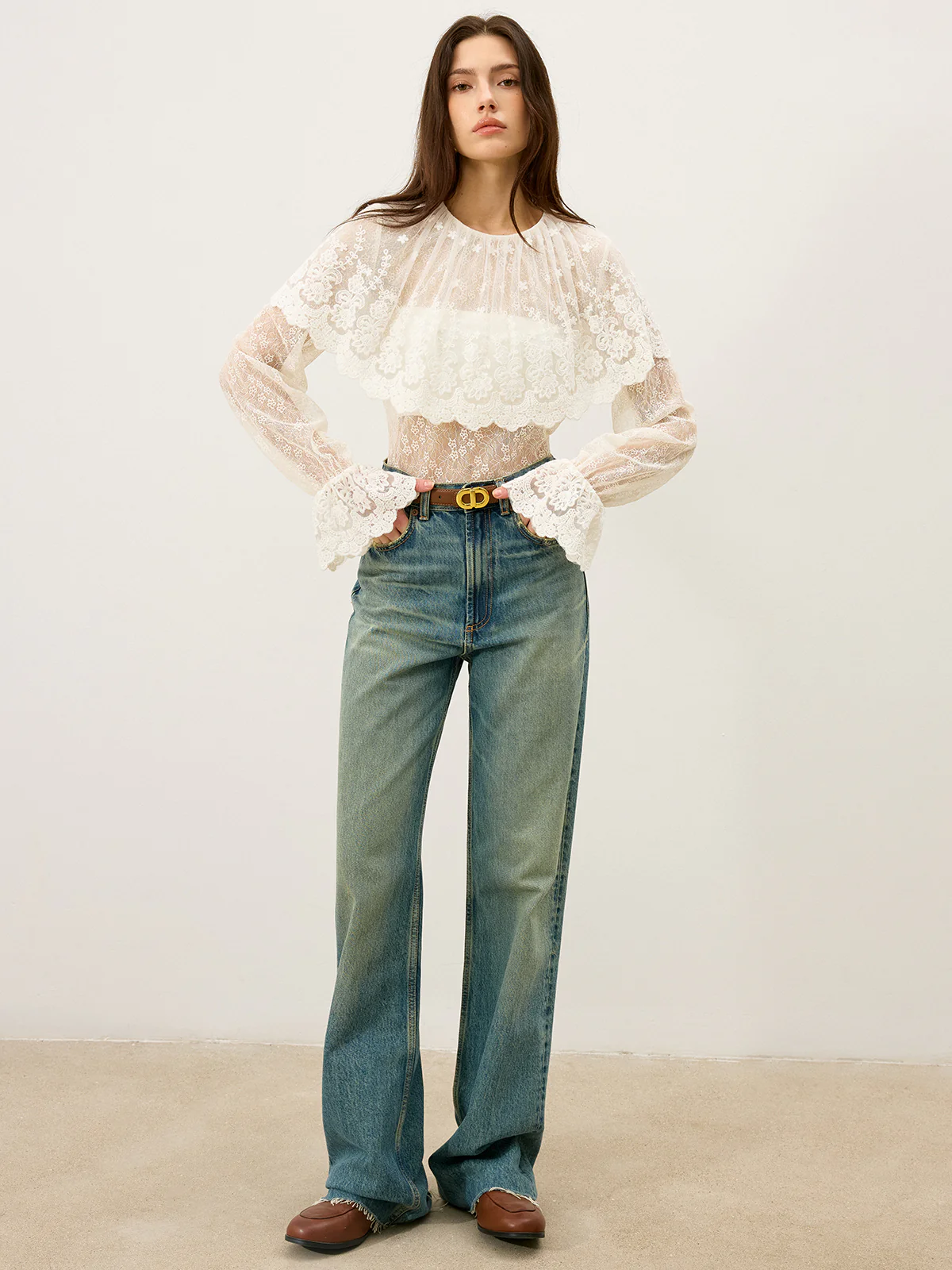 Semi-Sheer Ruffle-Trimmed Lace Flared-Sleeve Blouse - Wholesalesil
