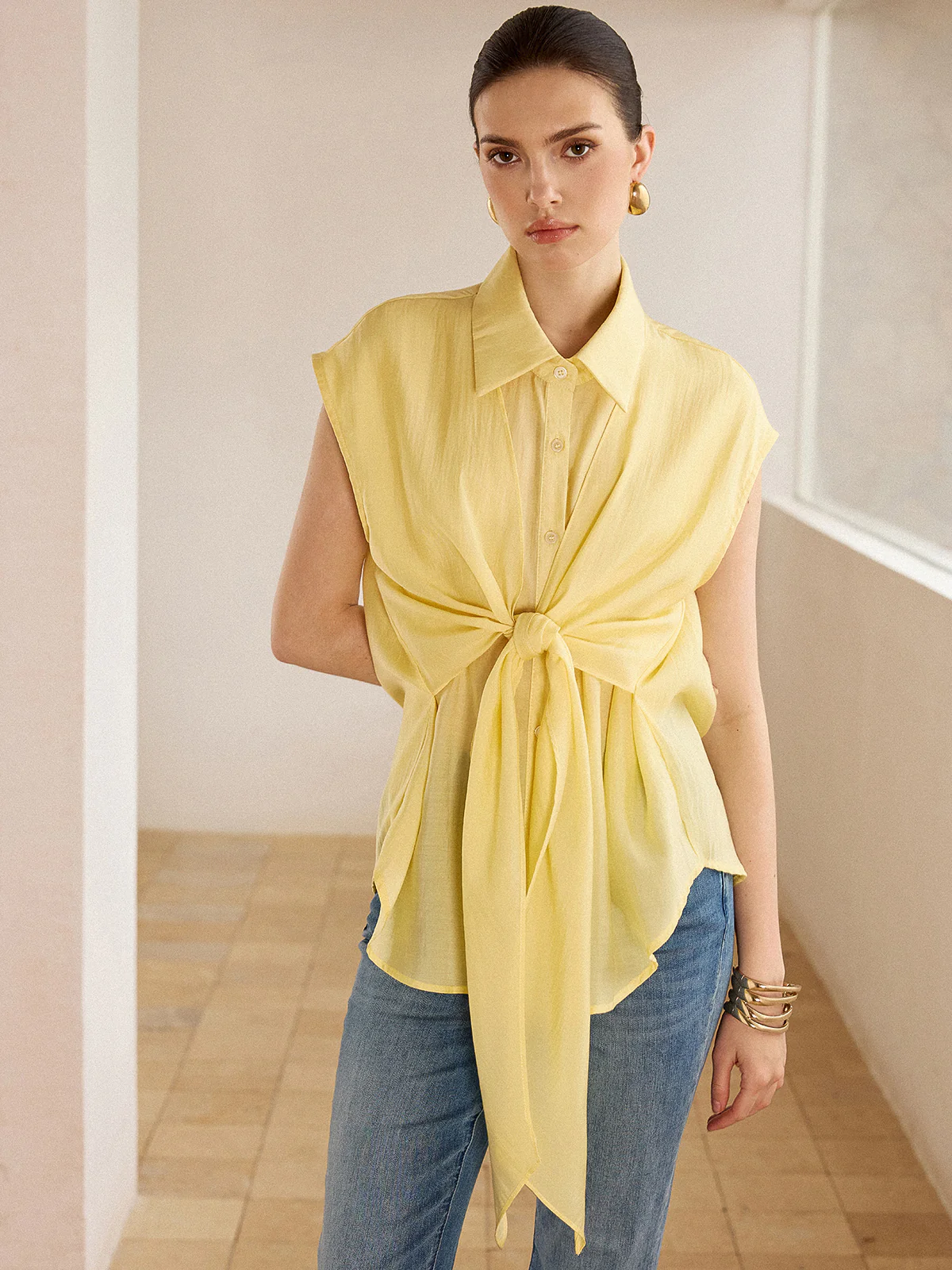 Sleeveless Tie-Front Blouse - Wholesalesil