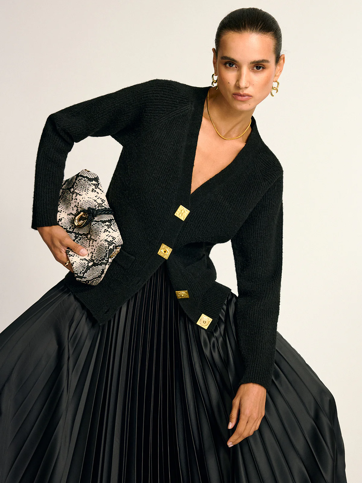 Metal Button V-Neck Wool Blend Cardigan - Wholesalesil