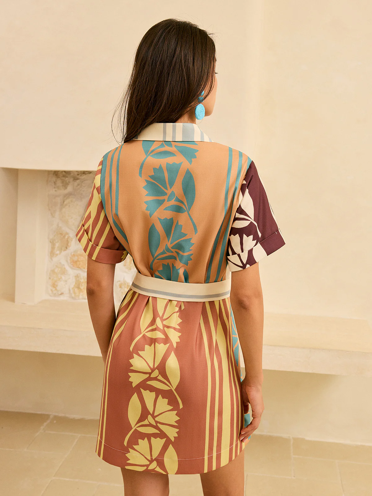 Abstract Print Belted Striped Dress - Wholesalesil