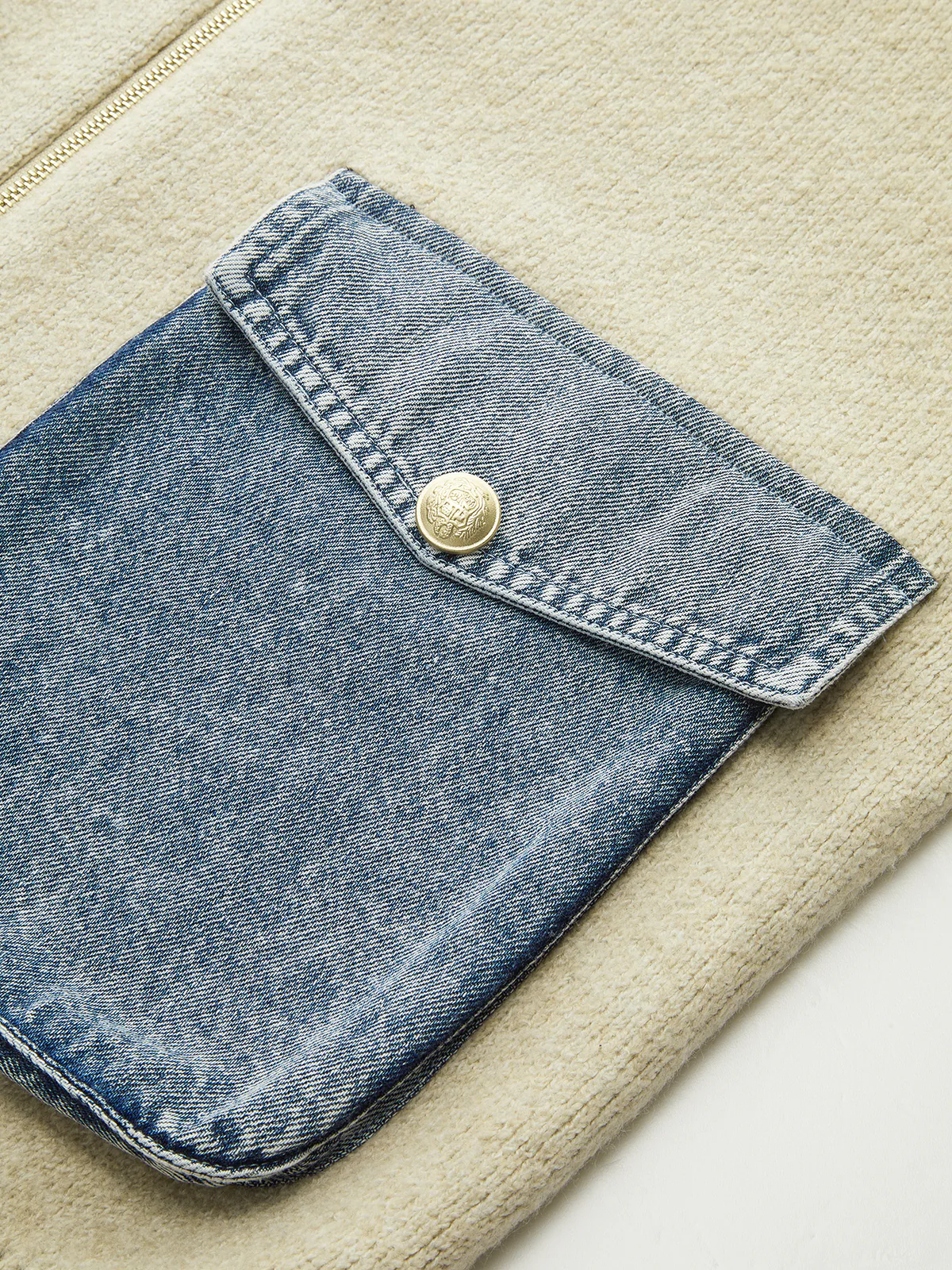 Denim Panel Zipper-Front Knit Cardigan - Wholesalesil