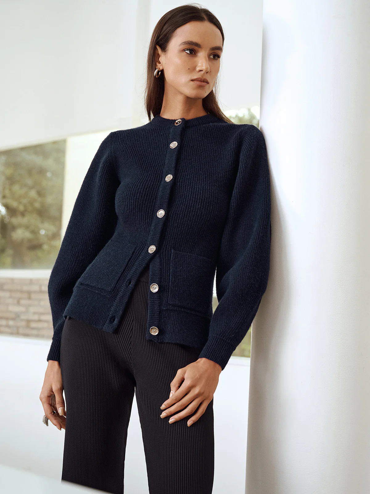 Button-Front Crew Neck Ribbed Knit Cardigan - Wholesalesil