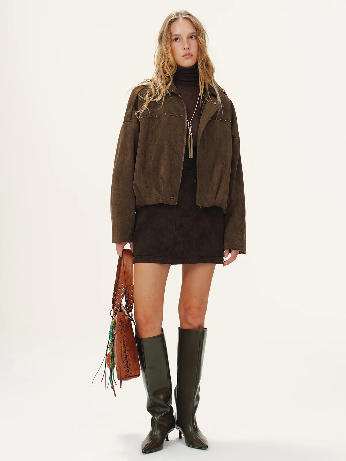 Vintage Suede Effect Studded Bomber Jacket - Wholesalesil