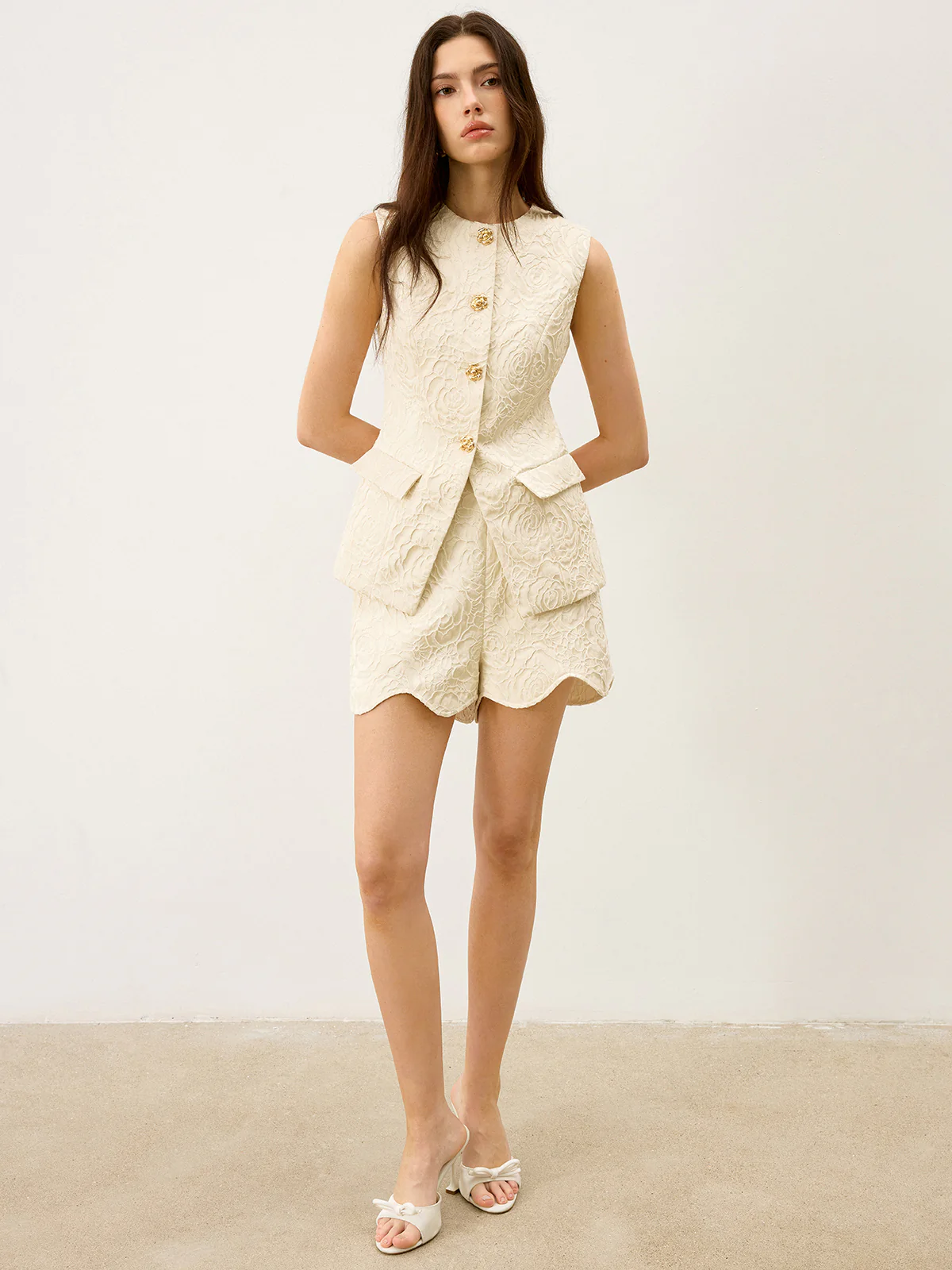 Textured Jacquard Vest with Metal Button - Wholesalesil