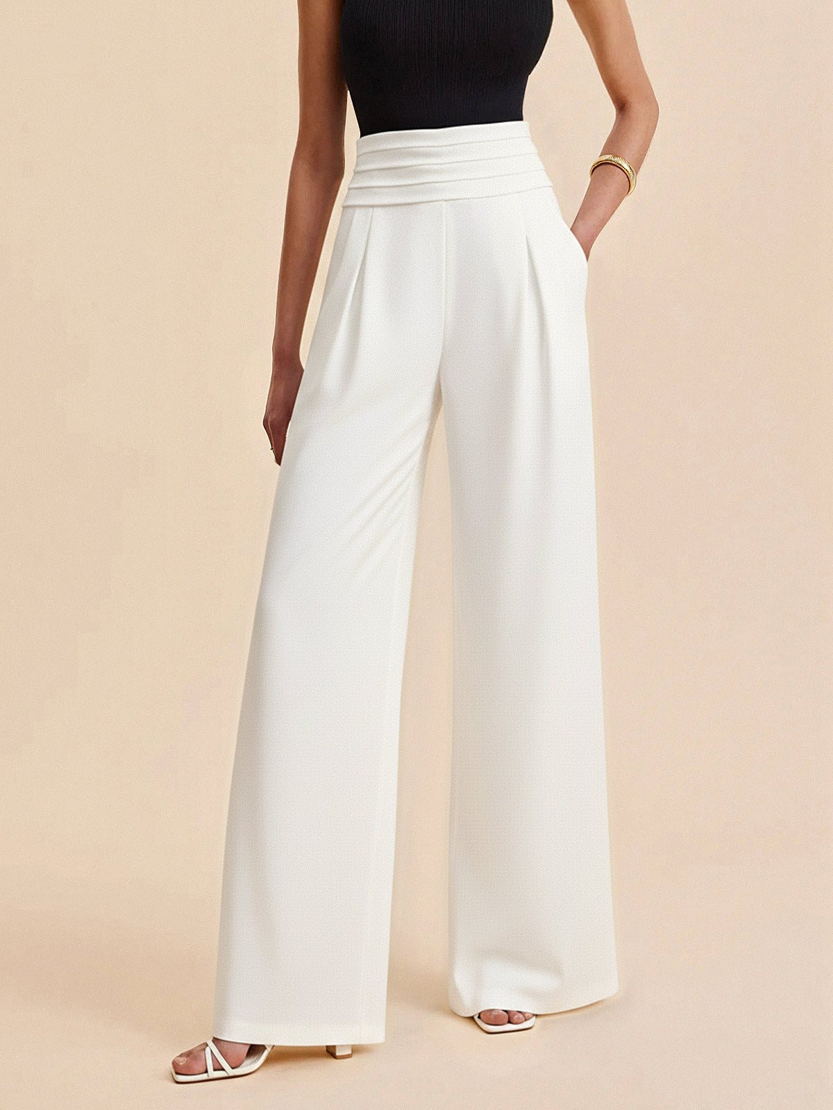 High-Waist Pleated-Waistband Wide-Leg Pants - Wholesalesil