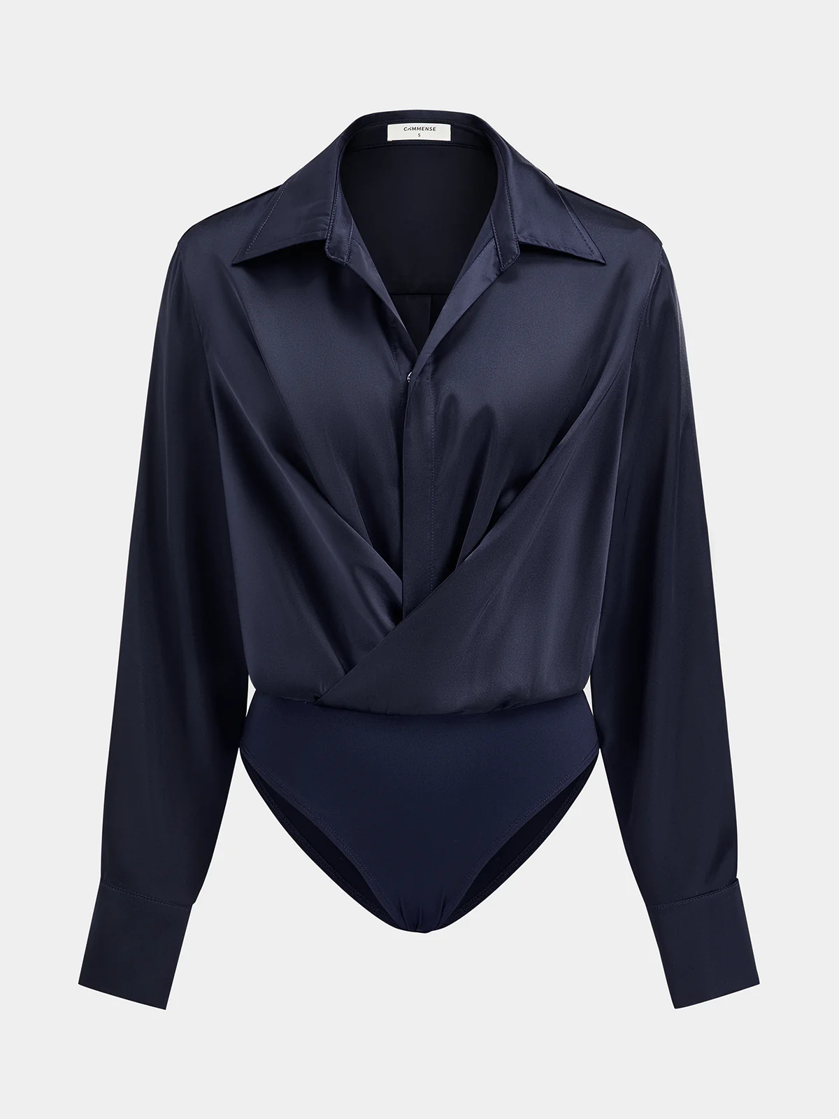 Collared Draped Satin Long Sleeve Bodysuit - Wholesalesil