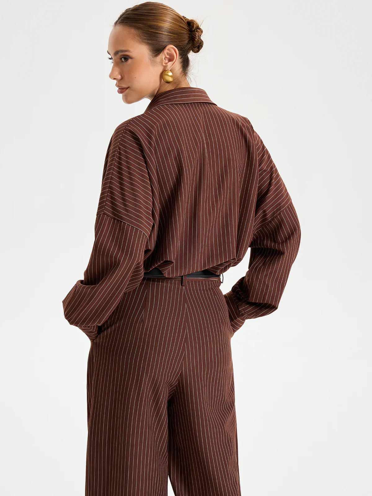 Shirt Collar Pinstripe Long Sleeve Bodysuit - Wholesalesil