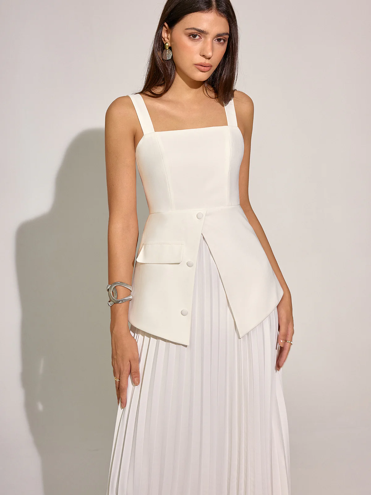 Square Neck Vest Panel Pleated Maxi Dress - Wholesalesil