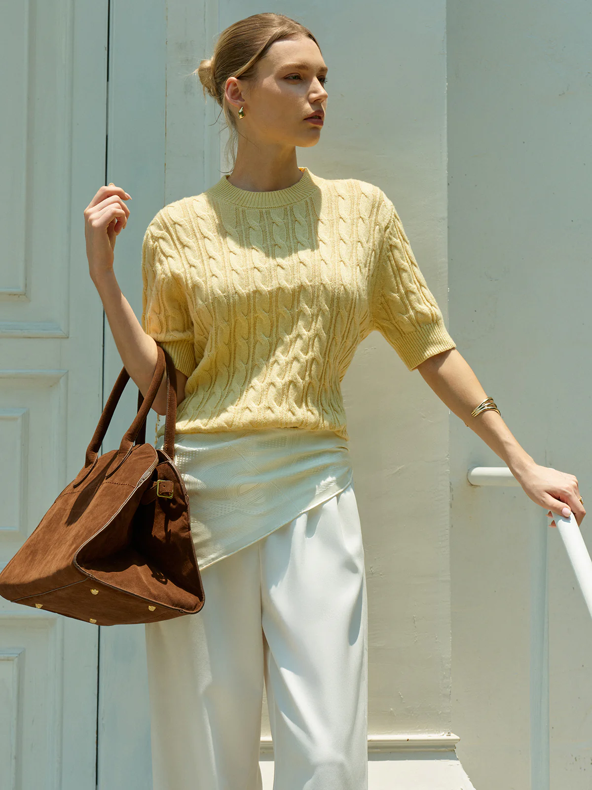 Cable Knit Short Sleeve Sweater - Wholesalesil