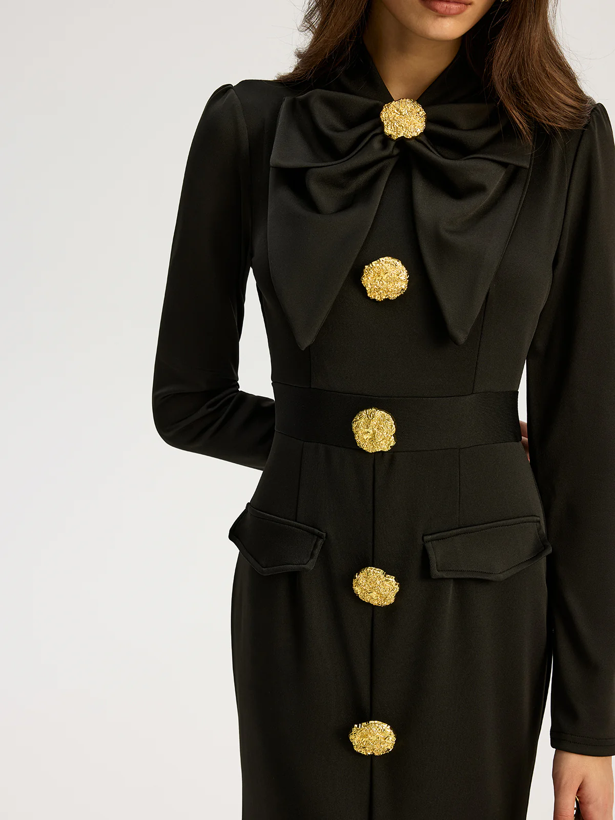 Bow-collar Long-Sleeved Dress with Metal Button - Wholesalesil