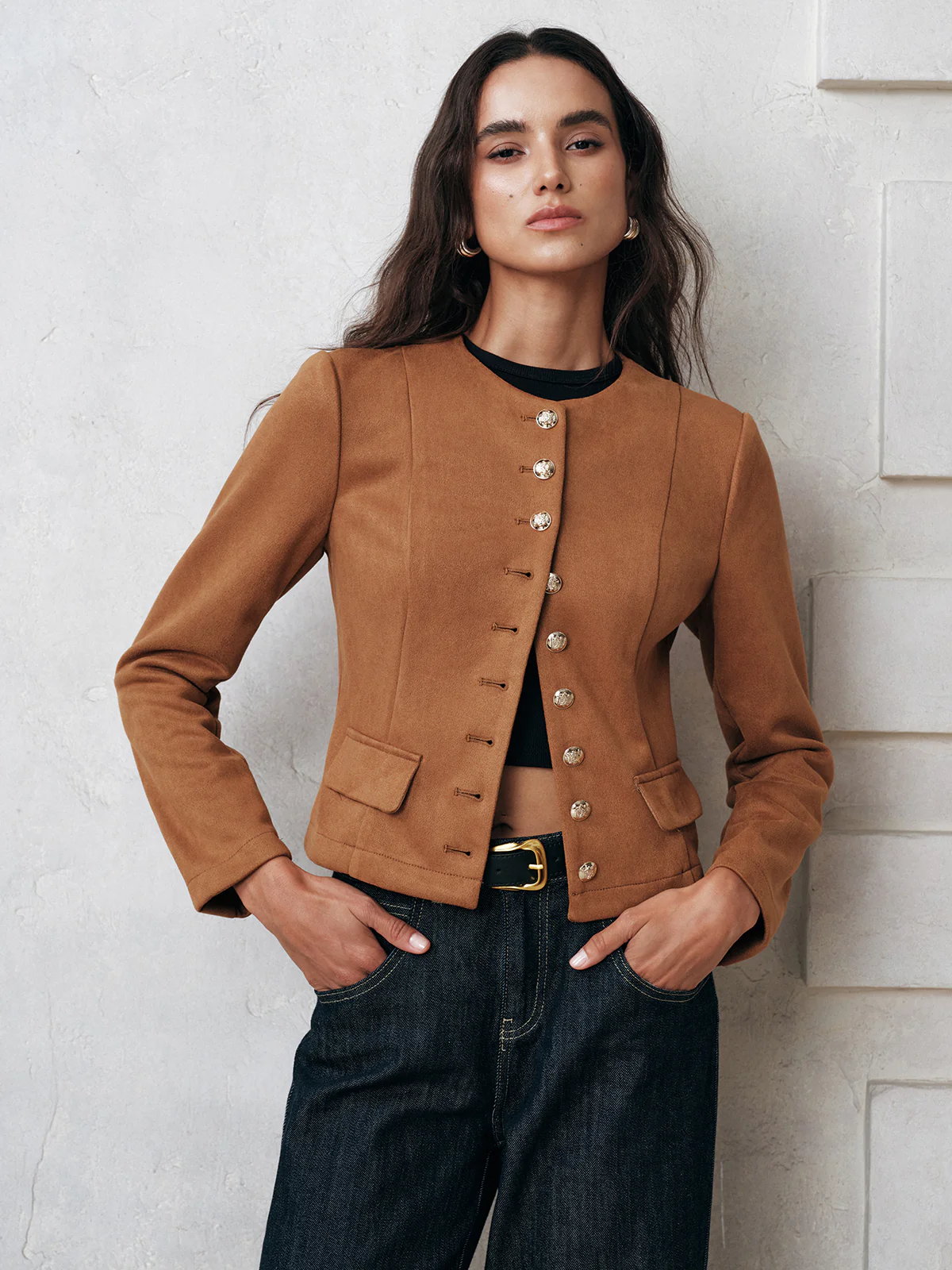 Metal Button Suede Effect Jacket - Wholesalesil