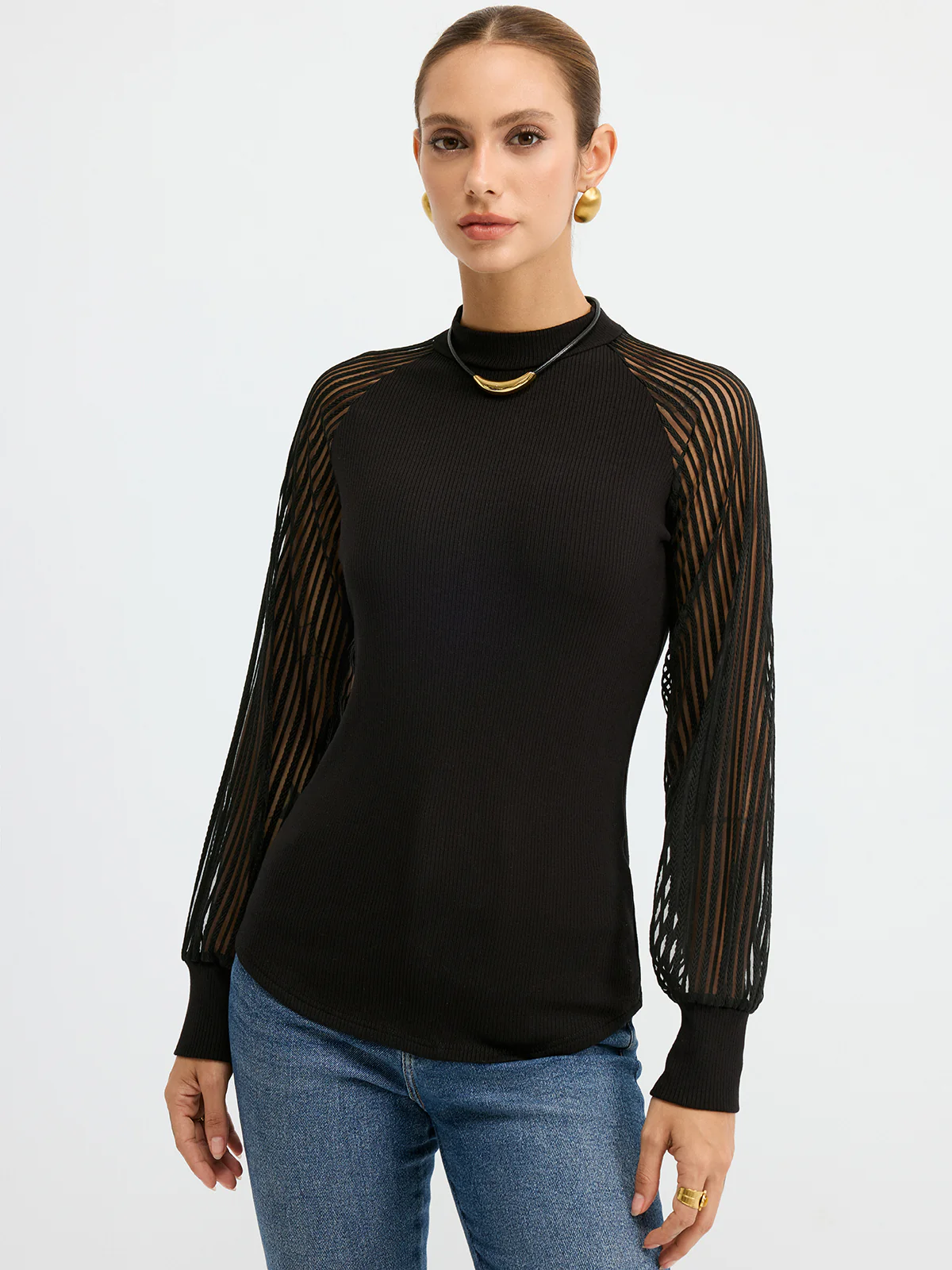 Mock Neck Mesh-Sleeve T-Shirt - Wholesalesil