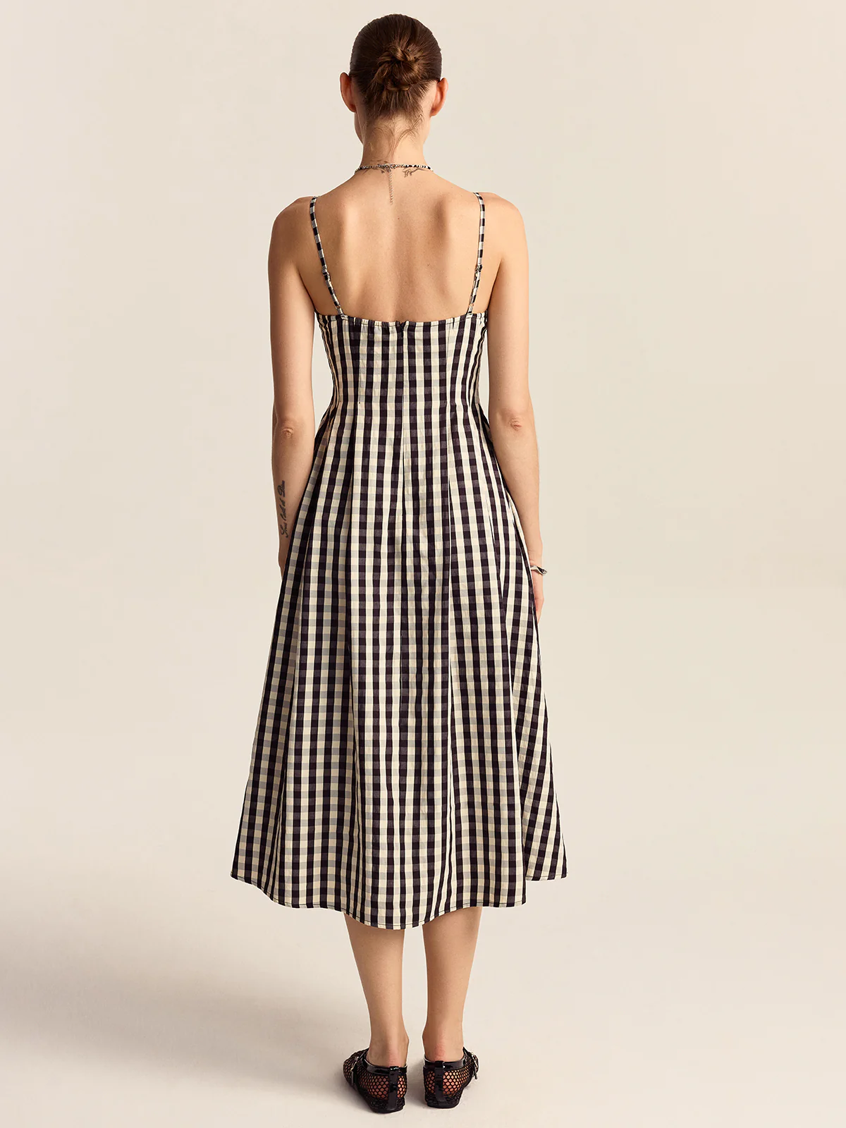 Gingham Spaghetti Strap Midi Dress with Lace Trim - Wholesalesil