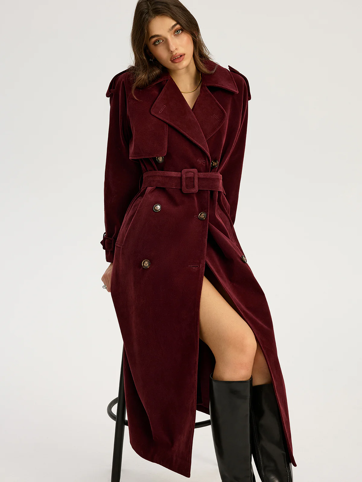 Belted Double-Breasted Suede Effect Long Trench Coat - Wholesalesil