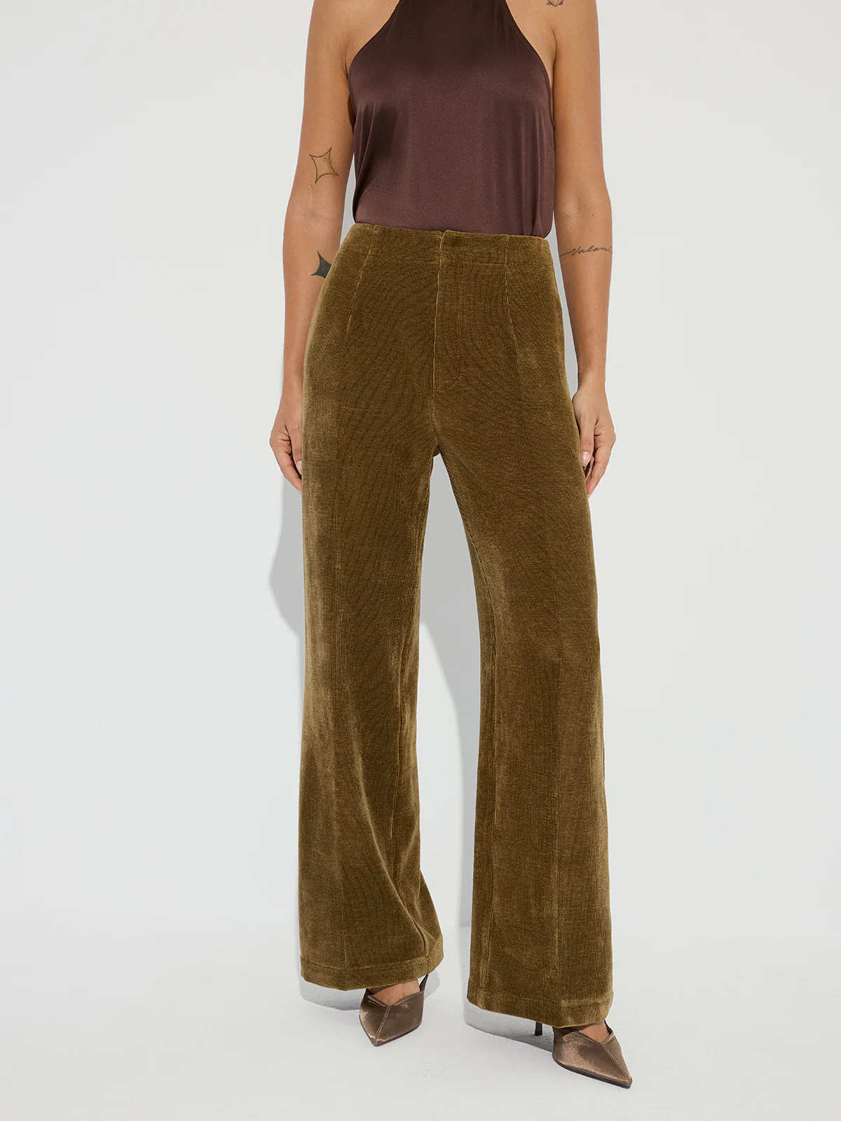 Mid-Waist Velvet Wide-Leg Pants - Wholesalesil