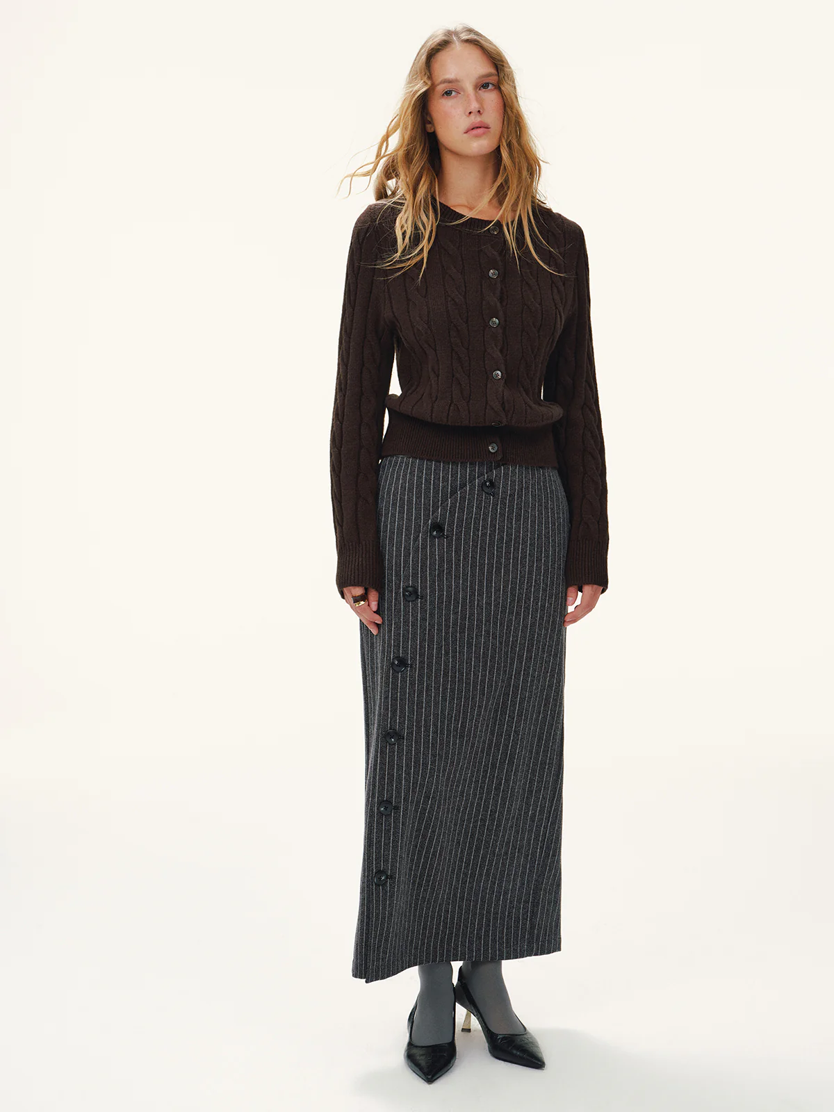 Asymmetric Button Striped Maxi Skirt - Wholesalesil