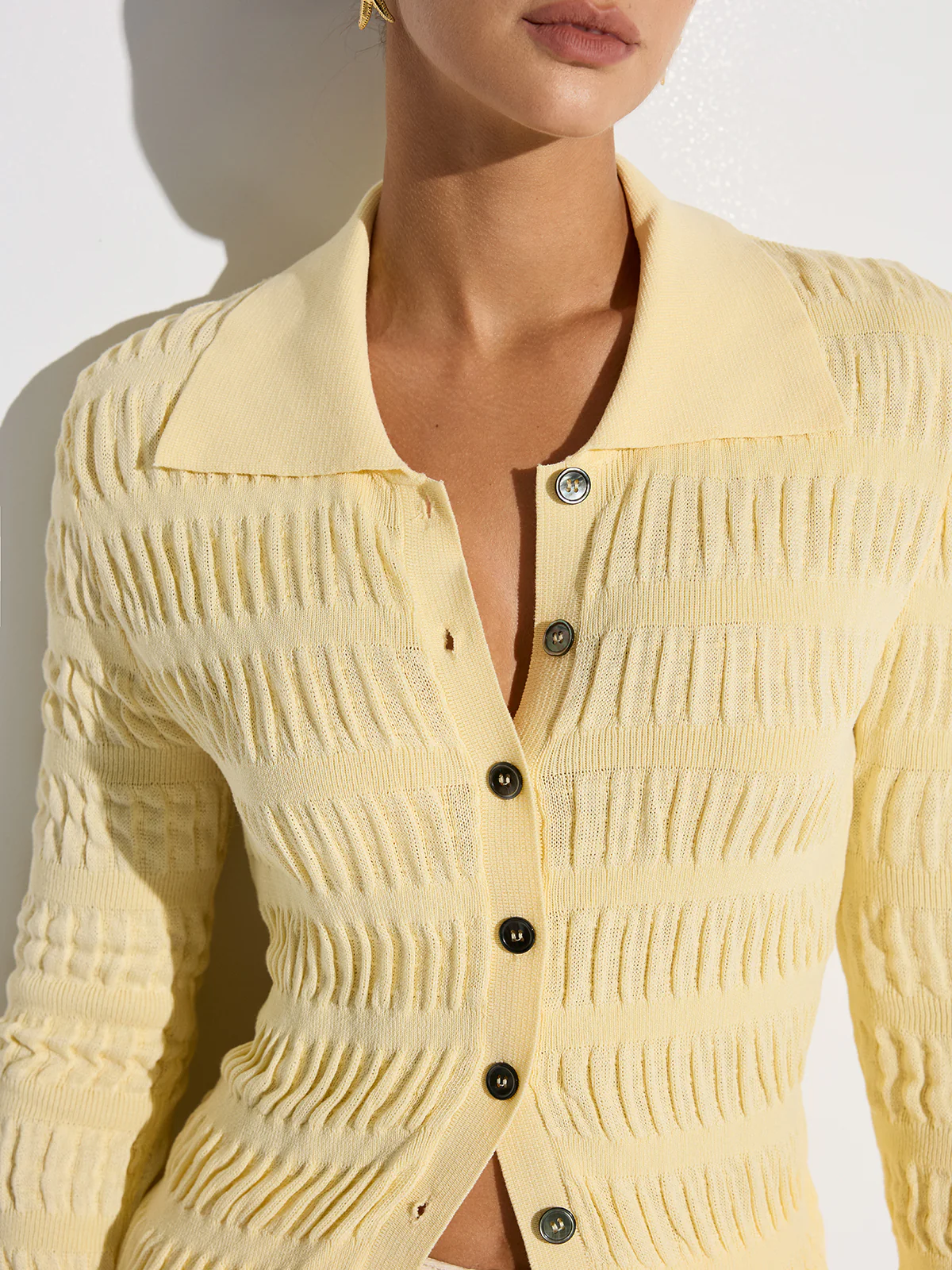 Shirt Collar Textured Knit Button Cardigan - Wholesalesil