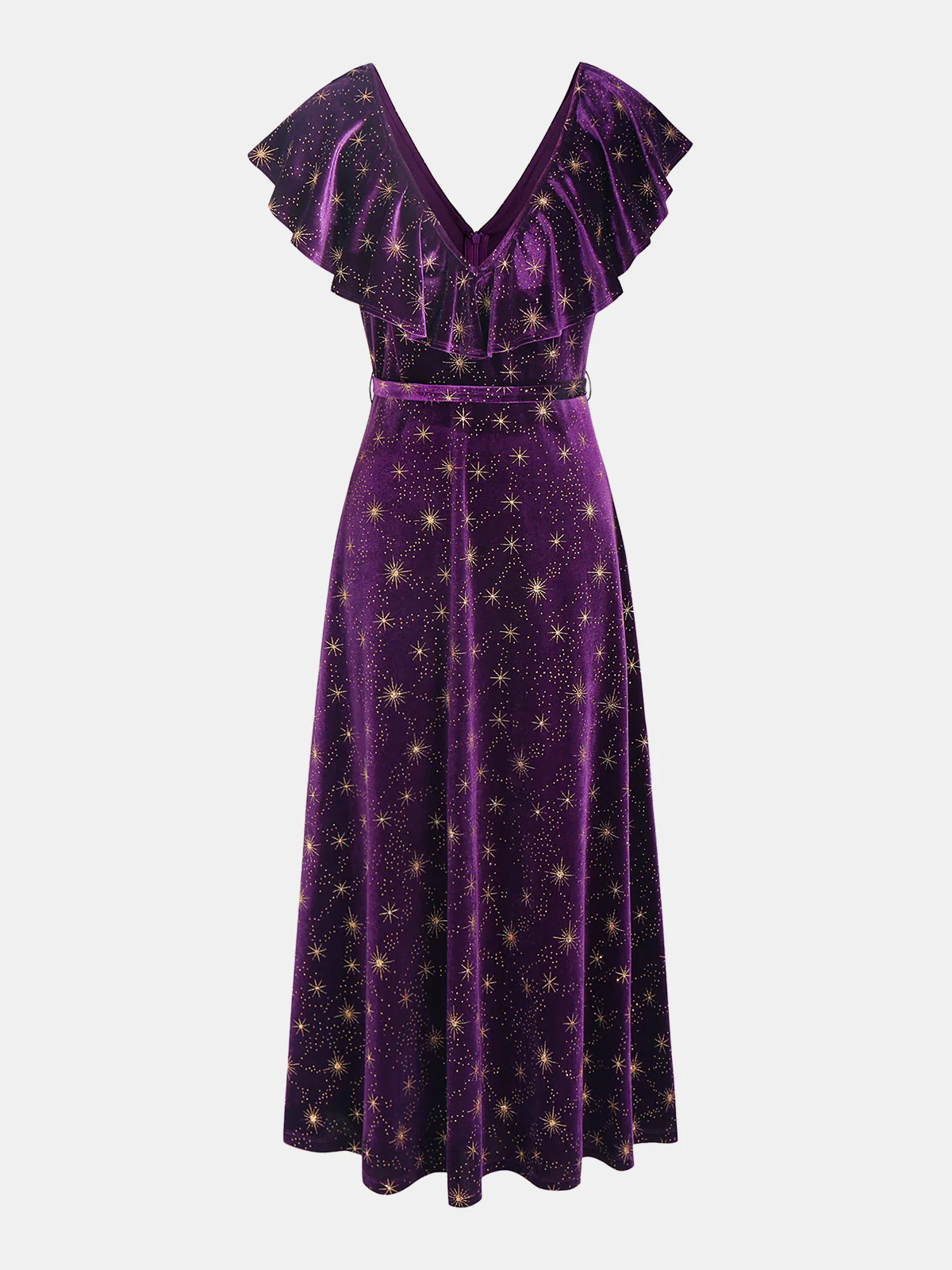 Ruffled V-Neck Star Print Velvet Midi Dress - Wholesalesil