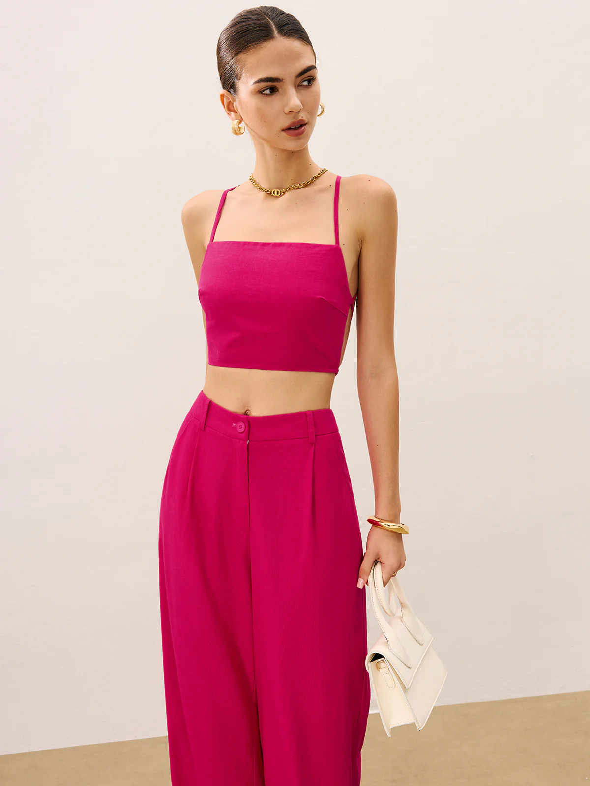 Tie-Back Top and Wide-Leg Pants Set - Wholesalesil