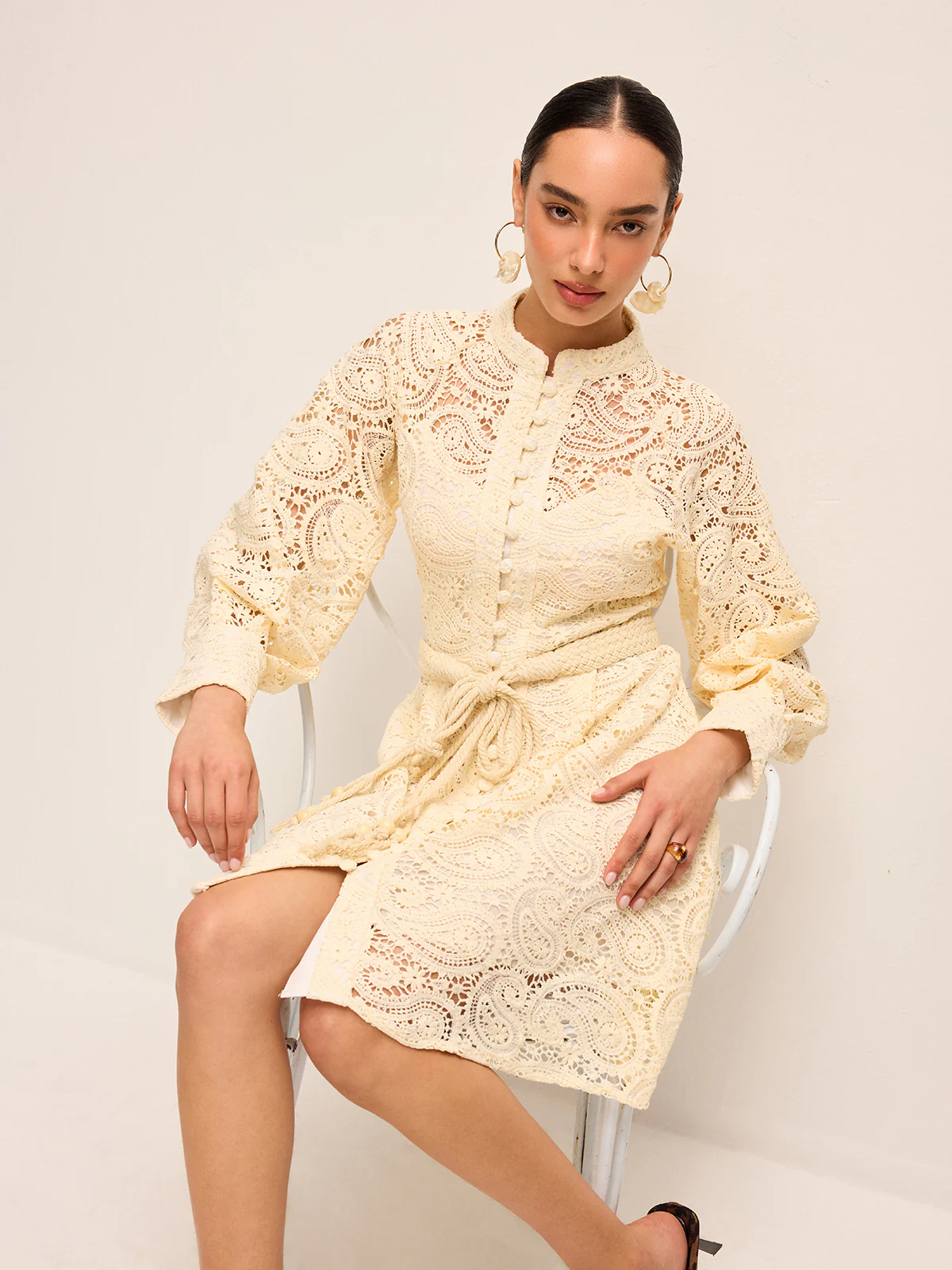 Semi-Sheer Lace Belted Dress - Wholesalesil