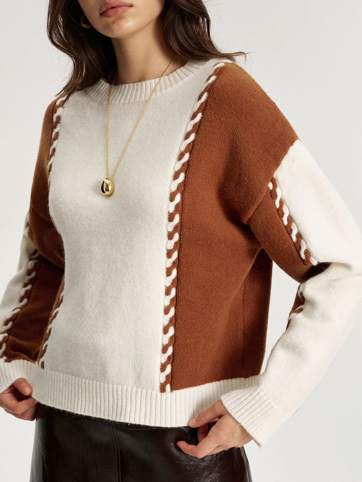 Braided Trim Two-Tone Sweater - Wholesalesil