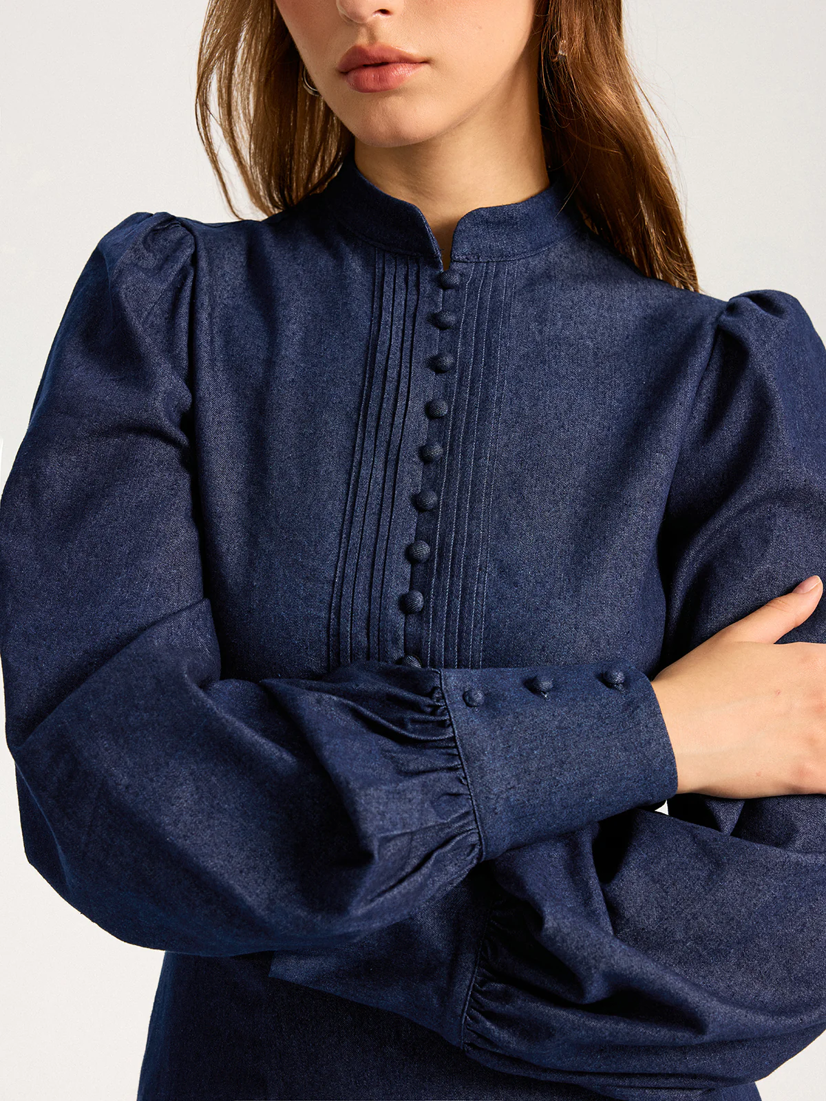 Denim Stand Collar Puff Sleeve Mini Dress - Wholesalesil