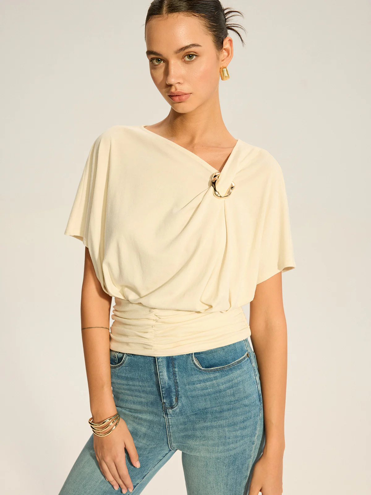 Asymmetrical Ruched Draped Top with Metal Ring Detail - Wholesalesil