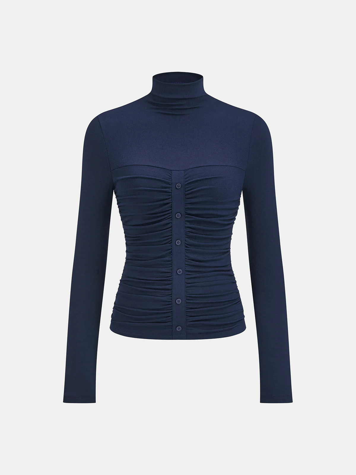 Turtleneck Ruched Decor Button Knit Top - Wholesalesil