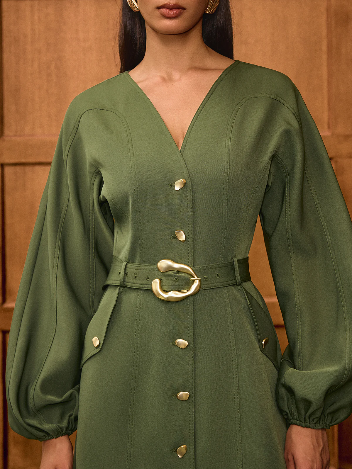 V-Neck Balloon Sleeve Belted Button-Front Dress - Wholesalesil