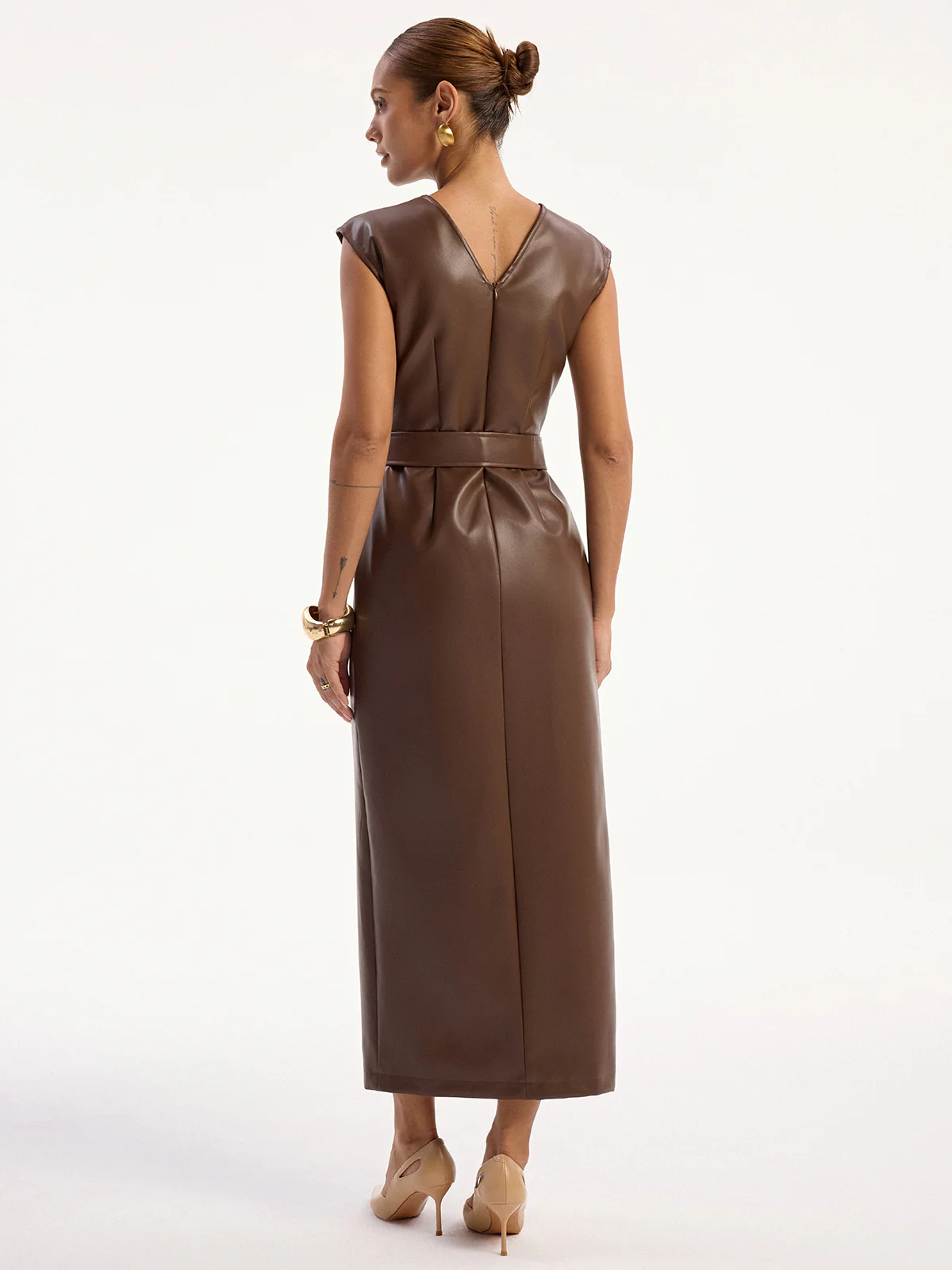 PU Leather Sleeveless Belted Midi Dress - Wholesalesil