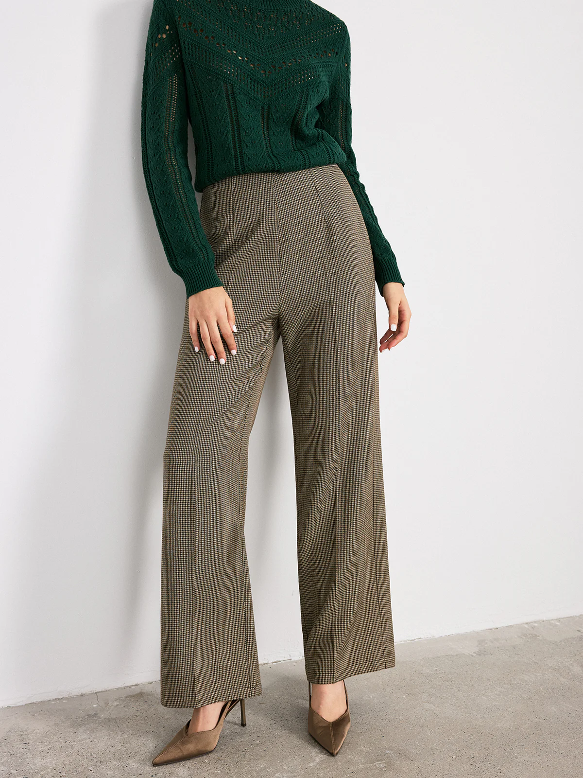 Houndstooth Mid-Waist Straight-Leg Pants - Wholesalesil