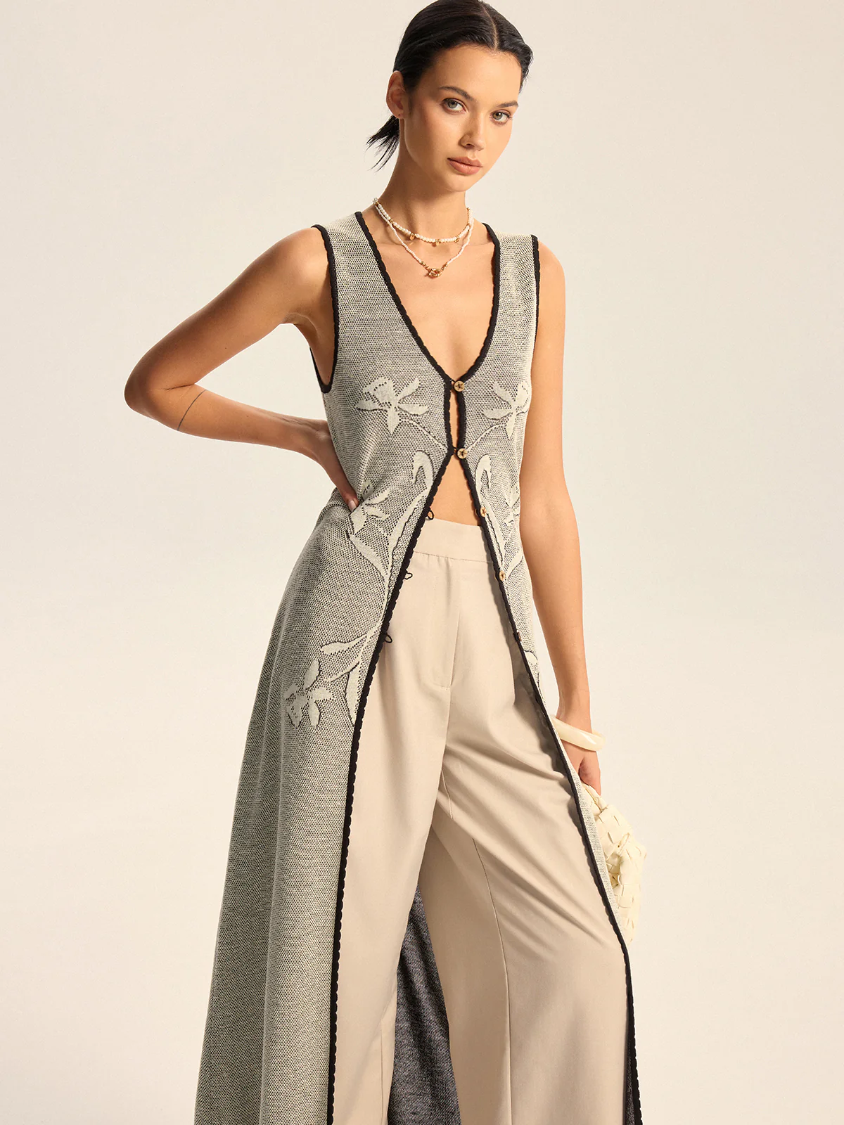 Floral Contrast Trim Knit Maxi Vest - Wholesalesil