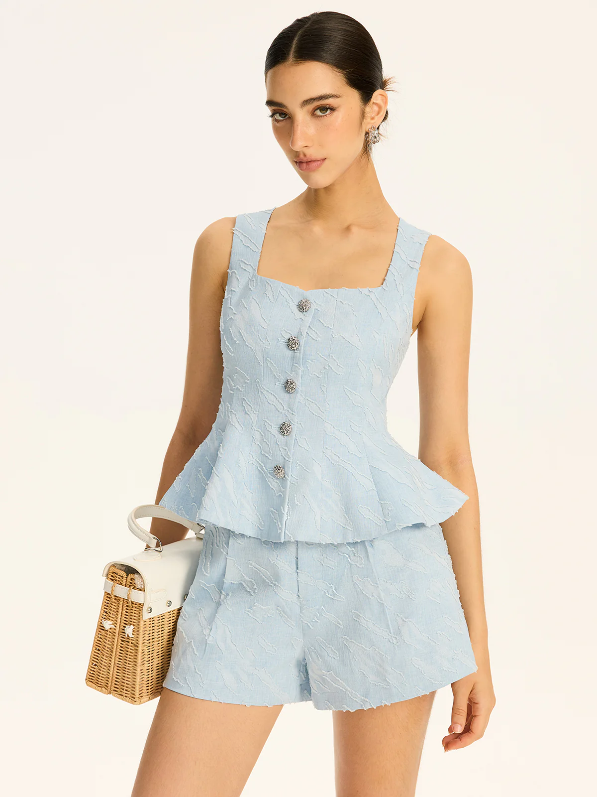 Textured Fabric Metal Button Peplum Vest - Wholesalesil