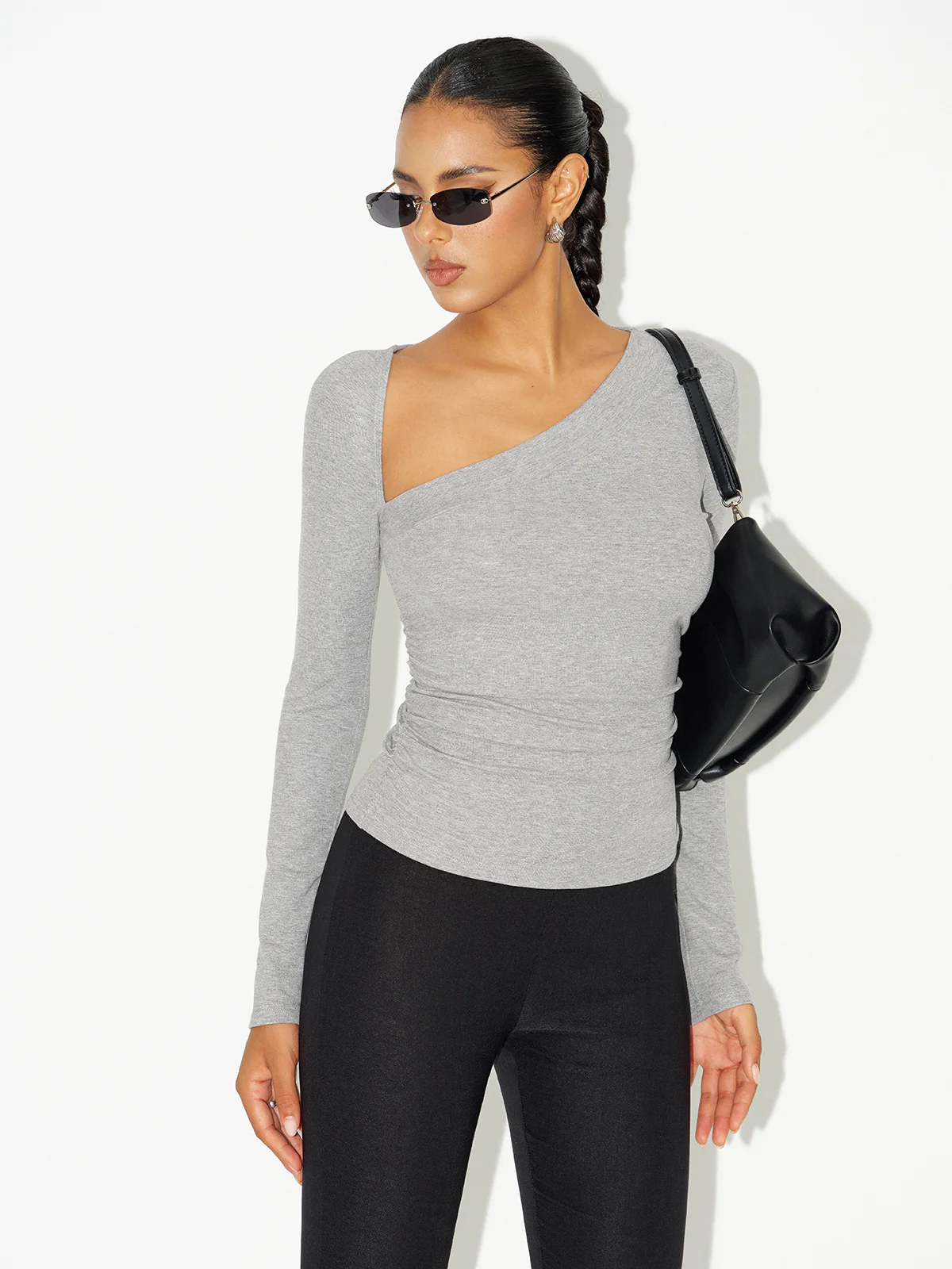 Asymmetric Neckline Ruched Long Sleeve Blouse - Wholesalesil