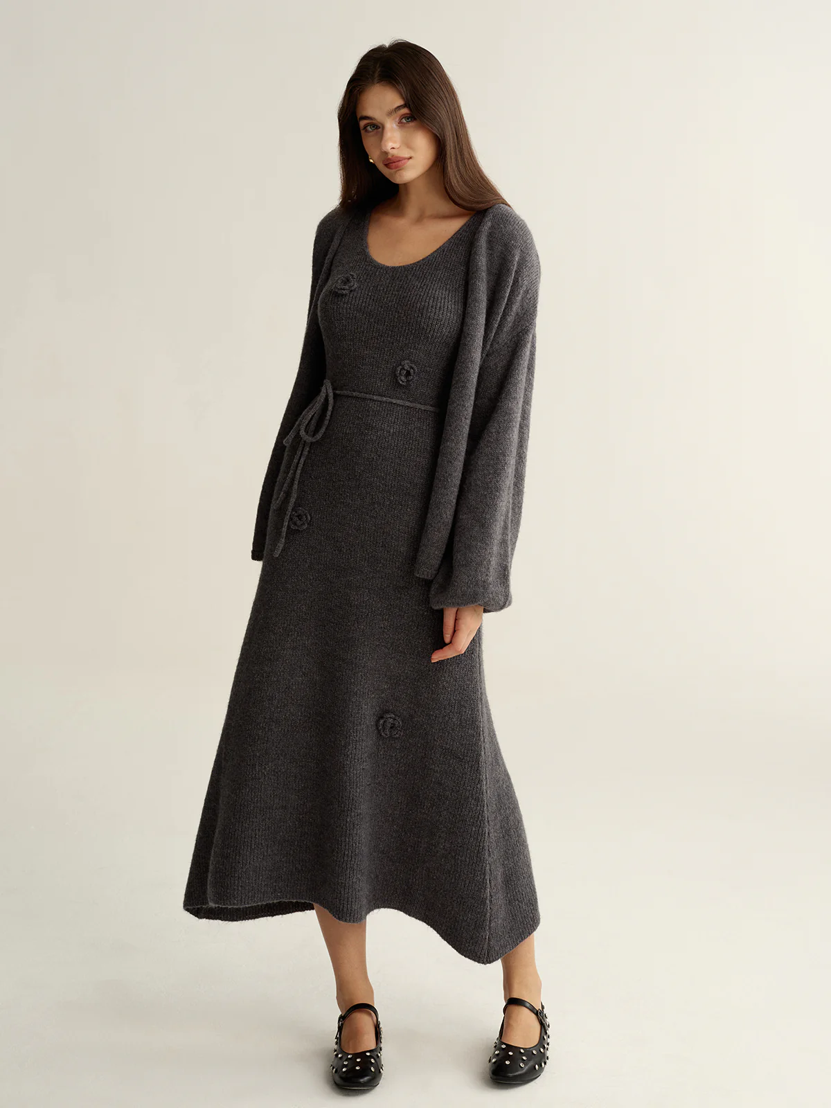 3D Floral Knit Dress & Cardigan Two-Piece Set - Wholesalesil