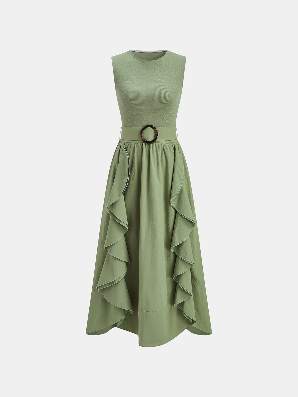 Cotton Blend Ruffled Belted Sleeveless Maxi Dress - Wholesalesil