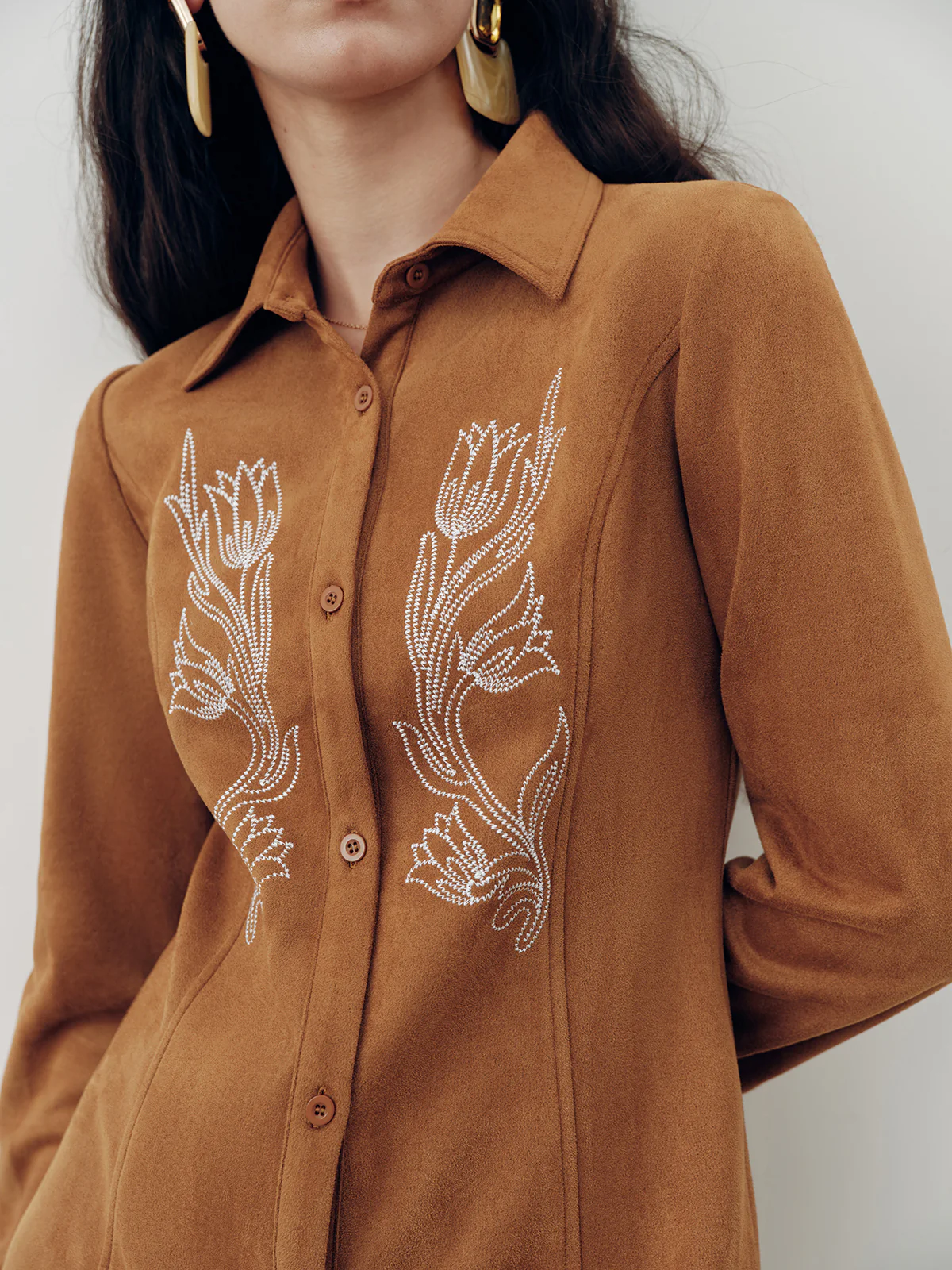 Suede Effect Floral Embroidery Shirt Dress - Wholesalesil
