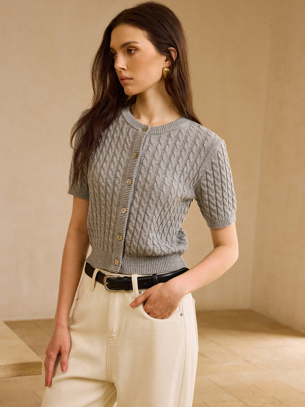 Cable Knit Short-Sleeve Cardigan - Wholesalesil