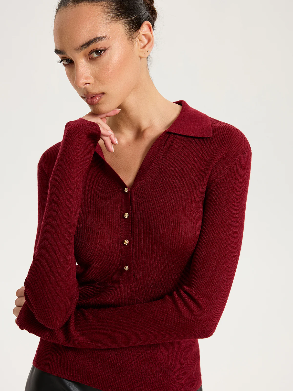Wool-Blend Buttoned Long Sleeve Polo Knit Top - Wholesalesil