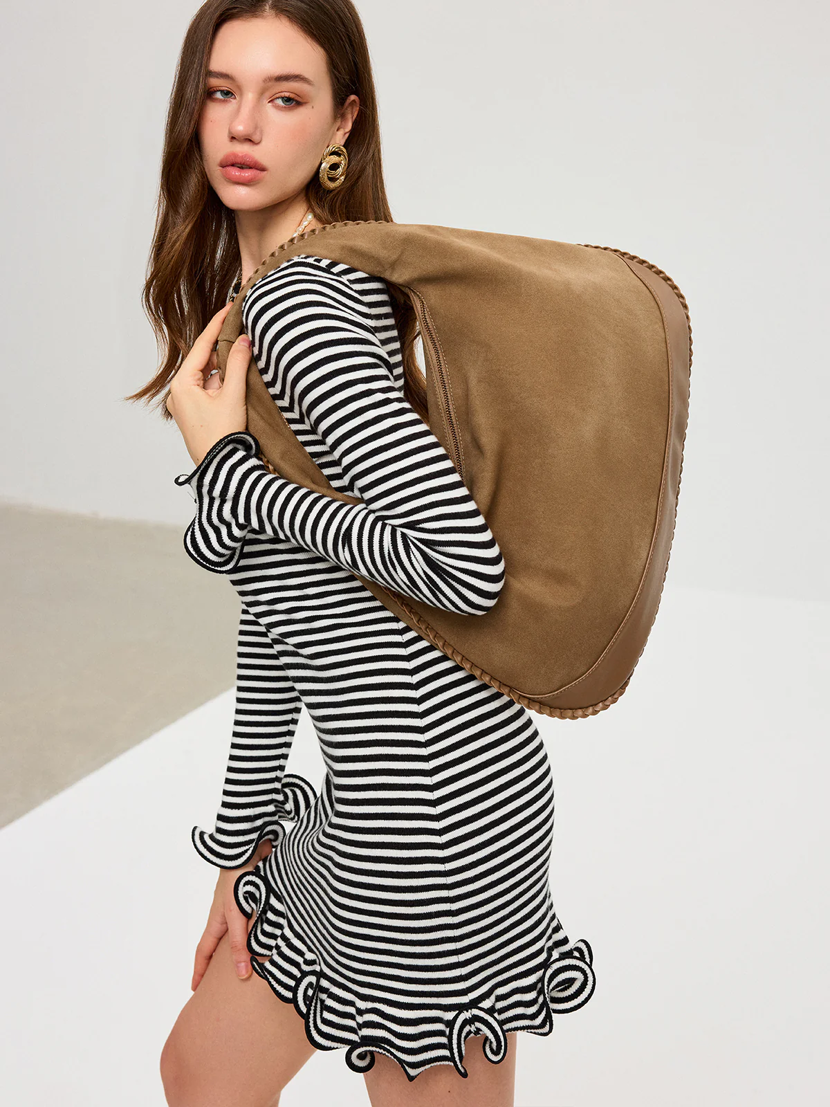 Braided Trim Suede Hobo Bag - Wholesalesil