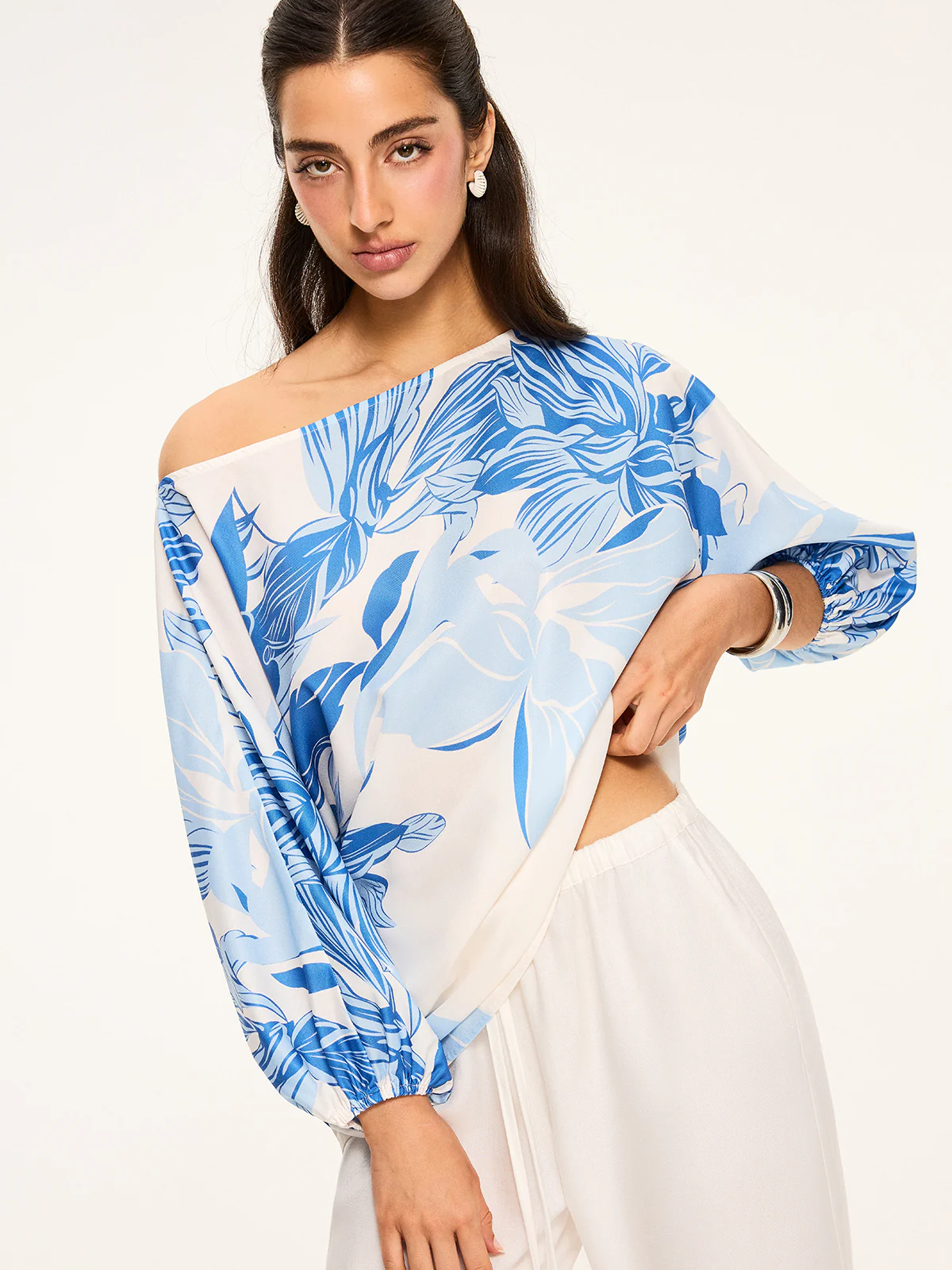 Semi-Sheer Off-Shoulder Floral Print Blouse - Wholesalesil
