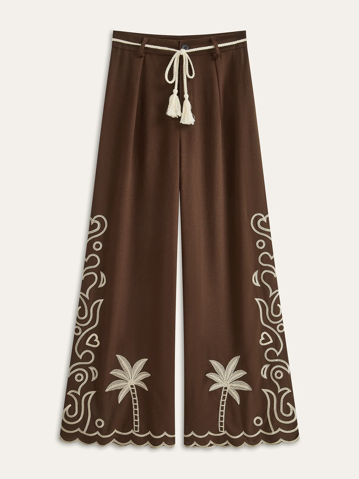 Palm Tree Embroidery Pants with Tassel Tie - Wholesalesil