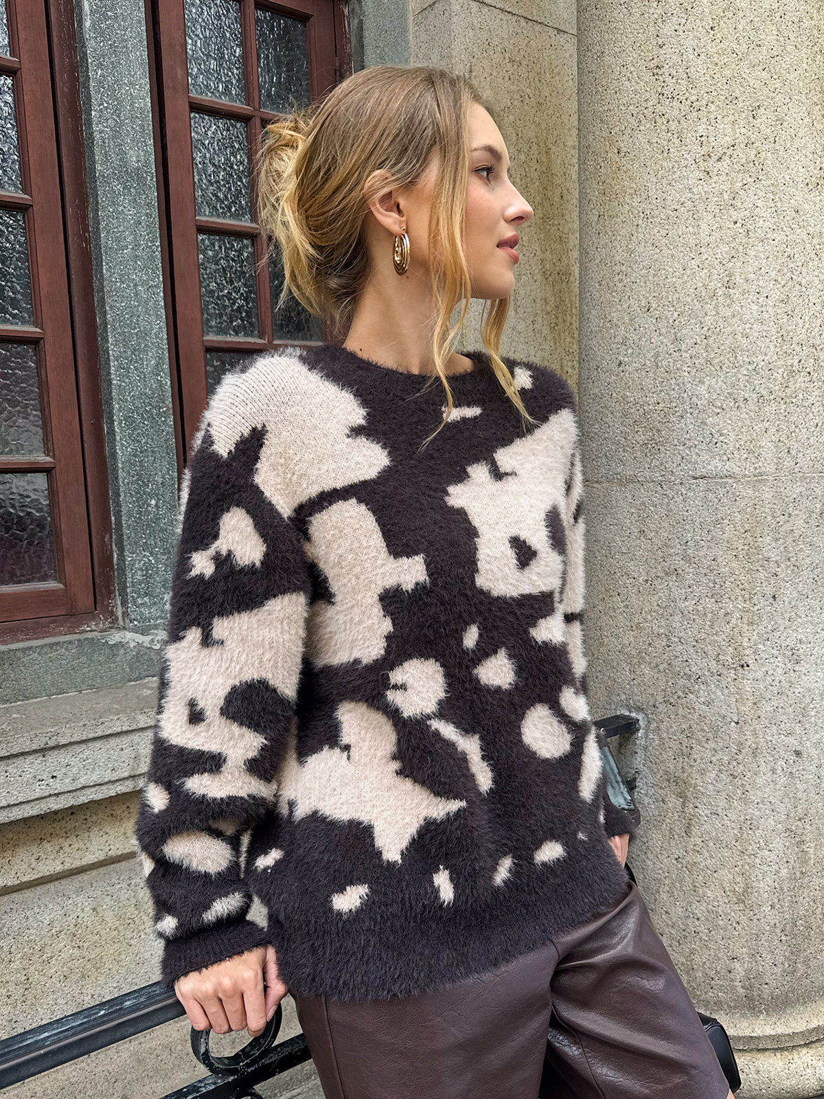 Cow Print Fuzzy Crew Neck Sweater - Wholesalesil