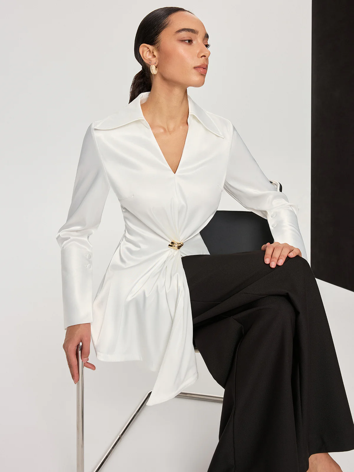 Metal Detail Cinching Satin V-Neck Blouse - Wholesalesil