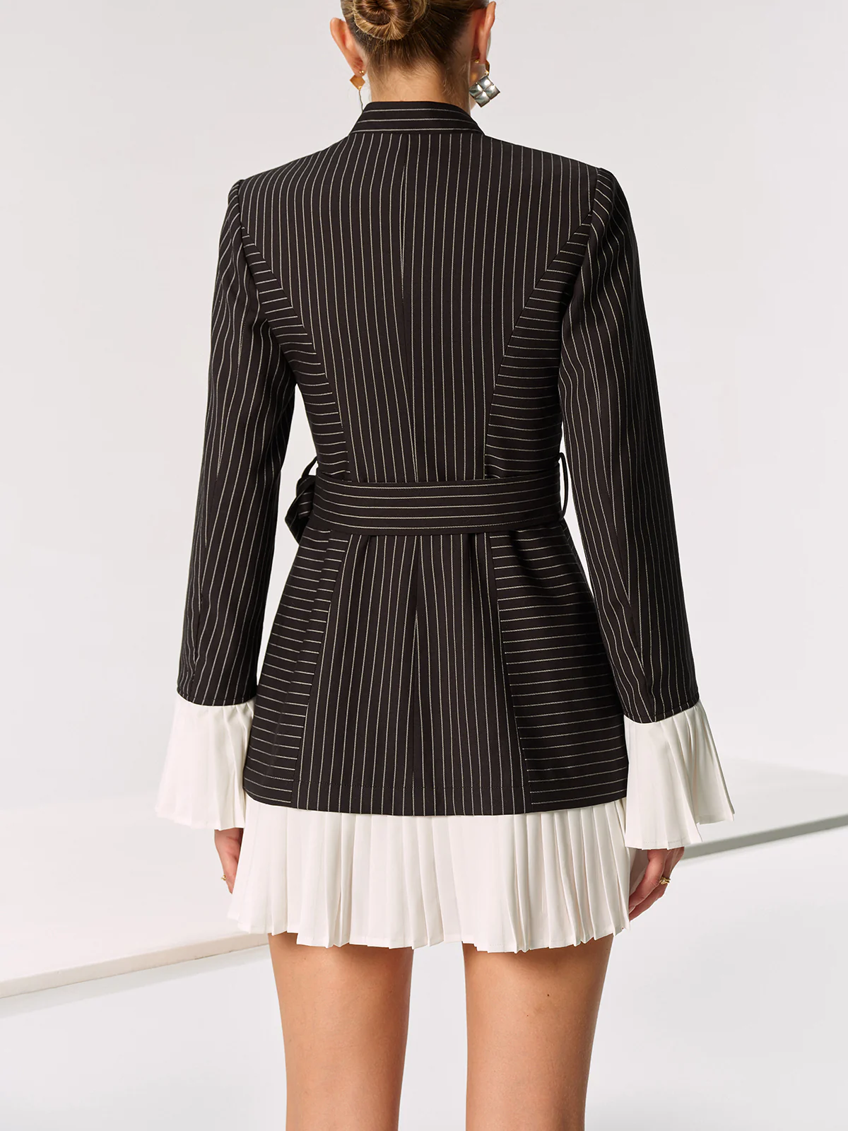 Contrast Pleated Panel Pinstriped Belted Blazer Dress - Wholesalesil