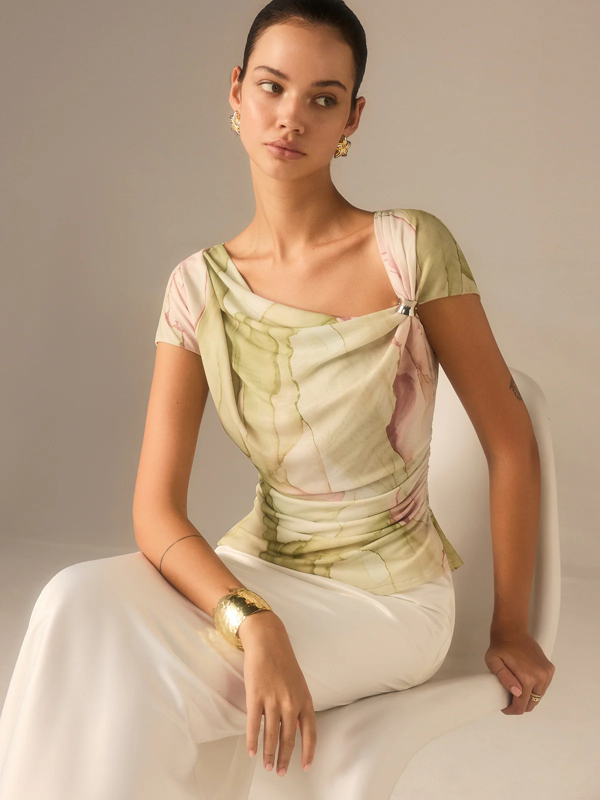 Print Asymmetric Neckline  Top - Wholesalesil